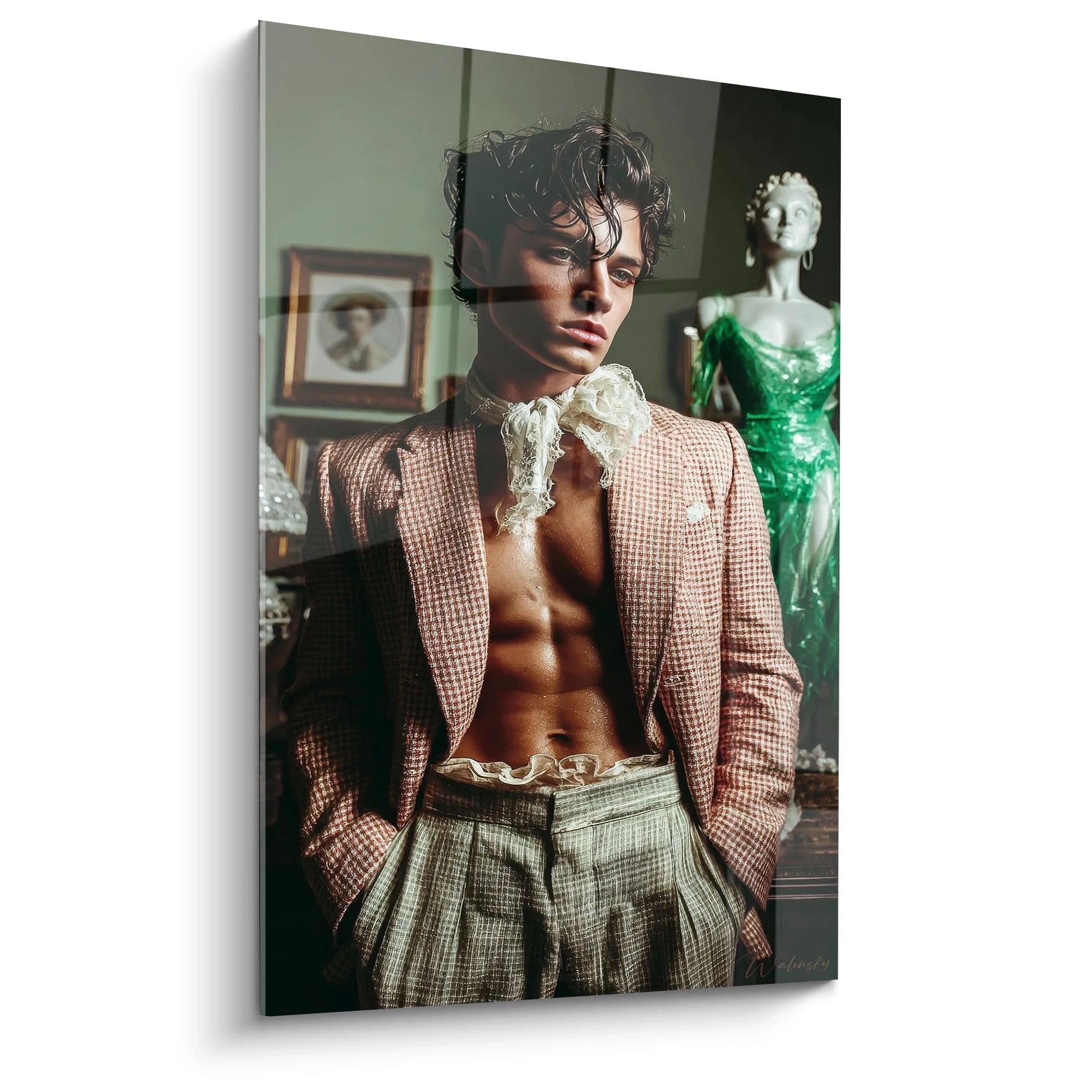 Tableau dandy romantique de Walensky avec un modèle masculin en costume élégant dans un décor vintage