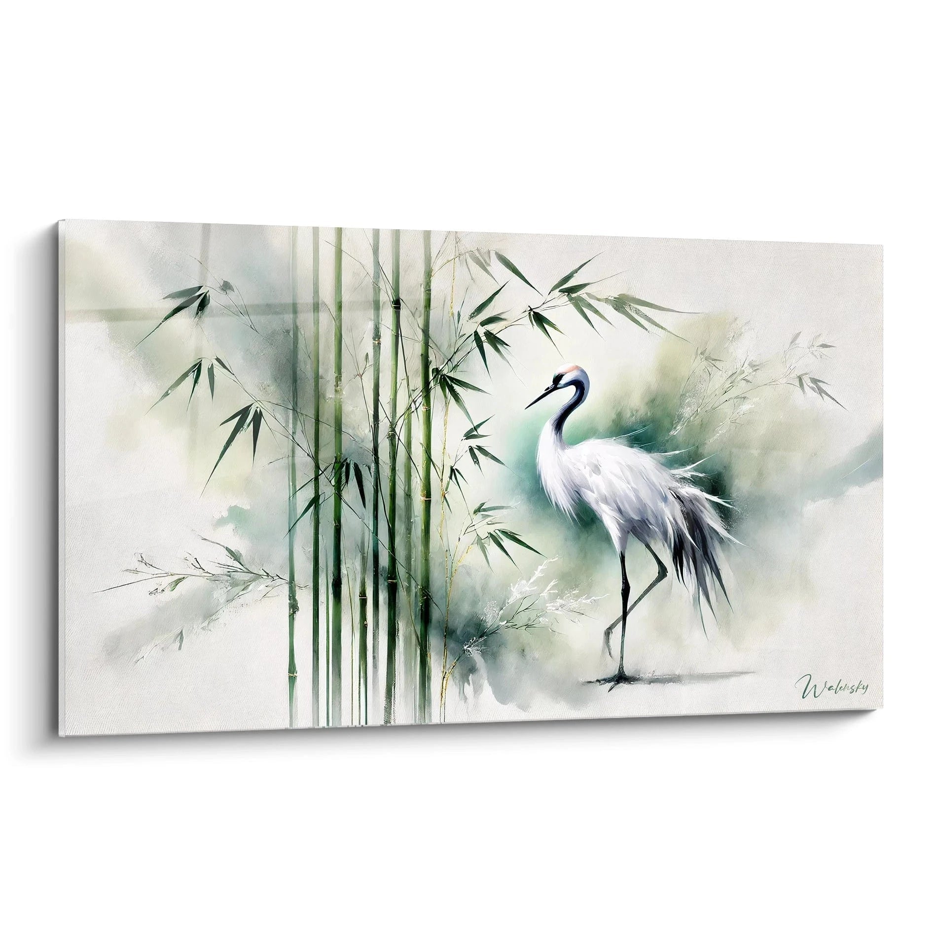 Ce tableau japonais vu de biais capture la grace d une grue solitaire au milieu des bambous. Les nuances de vert et blanc evoquent la serenite et l harmonie de la nature.