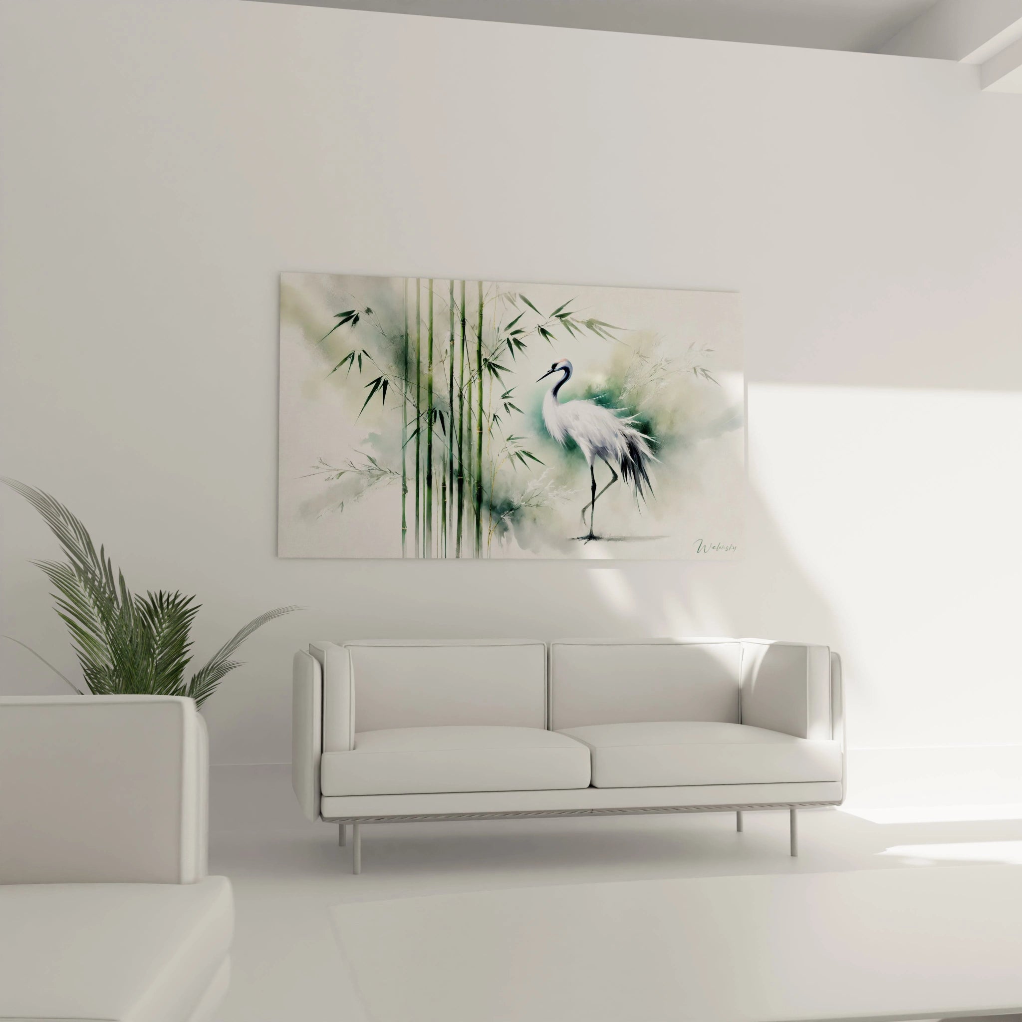 Accroche au dessus du canape, ce tableau japonais cree une ambiance paisible dans le salon. La grue et les bambous apportent une touche d elegance epuree et naturelle.