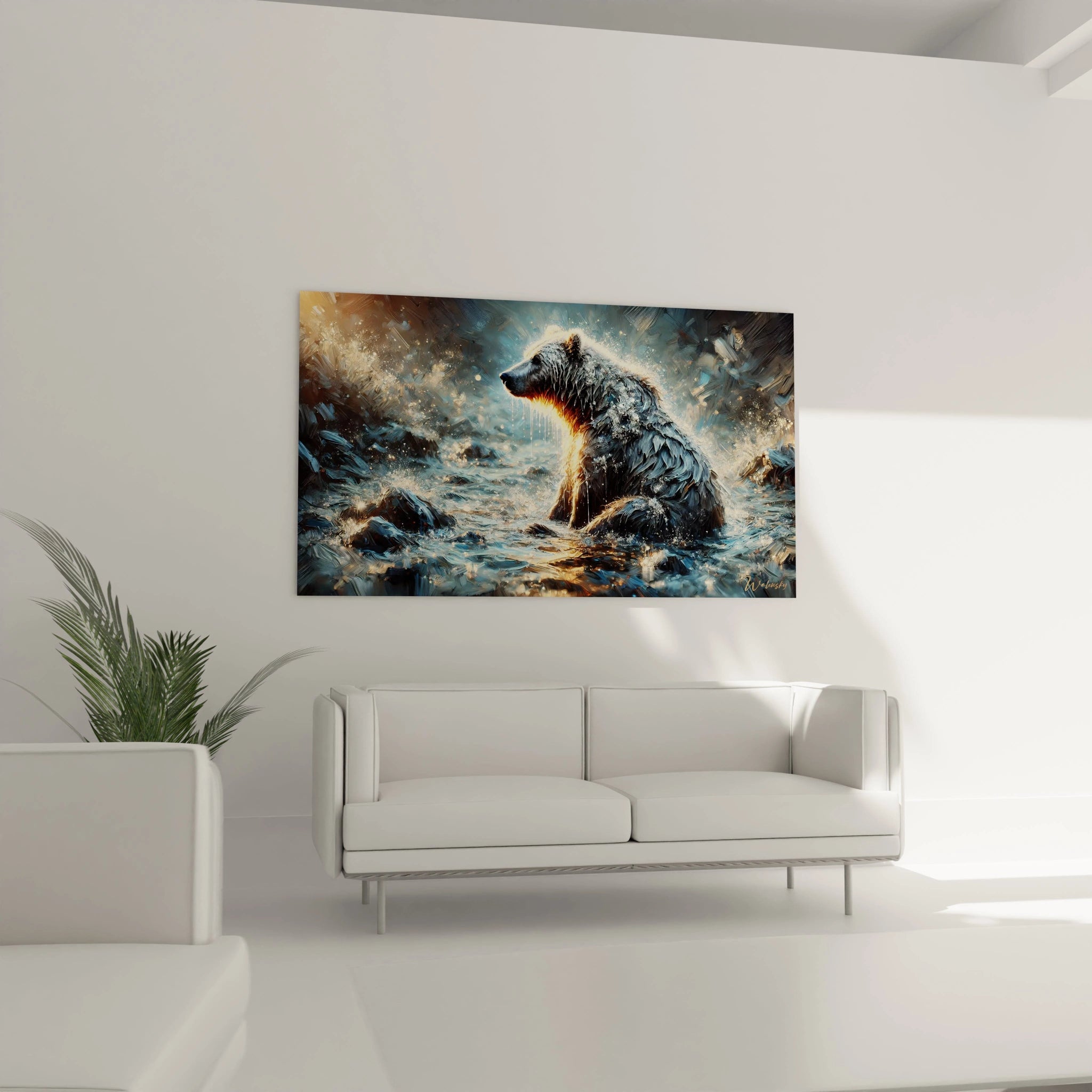 Ajoutez une touche de sophistication sauvage a votre salon avec ce tableau ours brun. L’ours serein et les elements dynamiques creent un contraste ideal pour un espace chaleureux et accueillant.