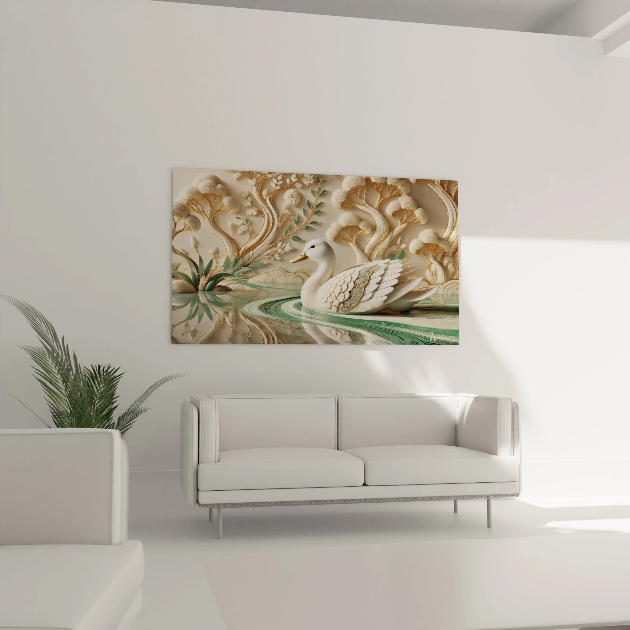 Ce tableau canard au-dessus du canape ajoute chaleur et elegance au salon avec ses teintes or et vert inspire par des illustrations anciennes pour un decor raffine et naturel