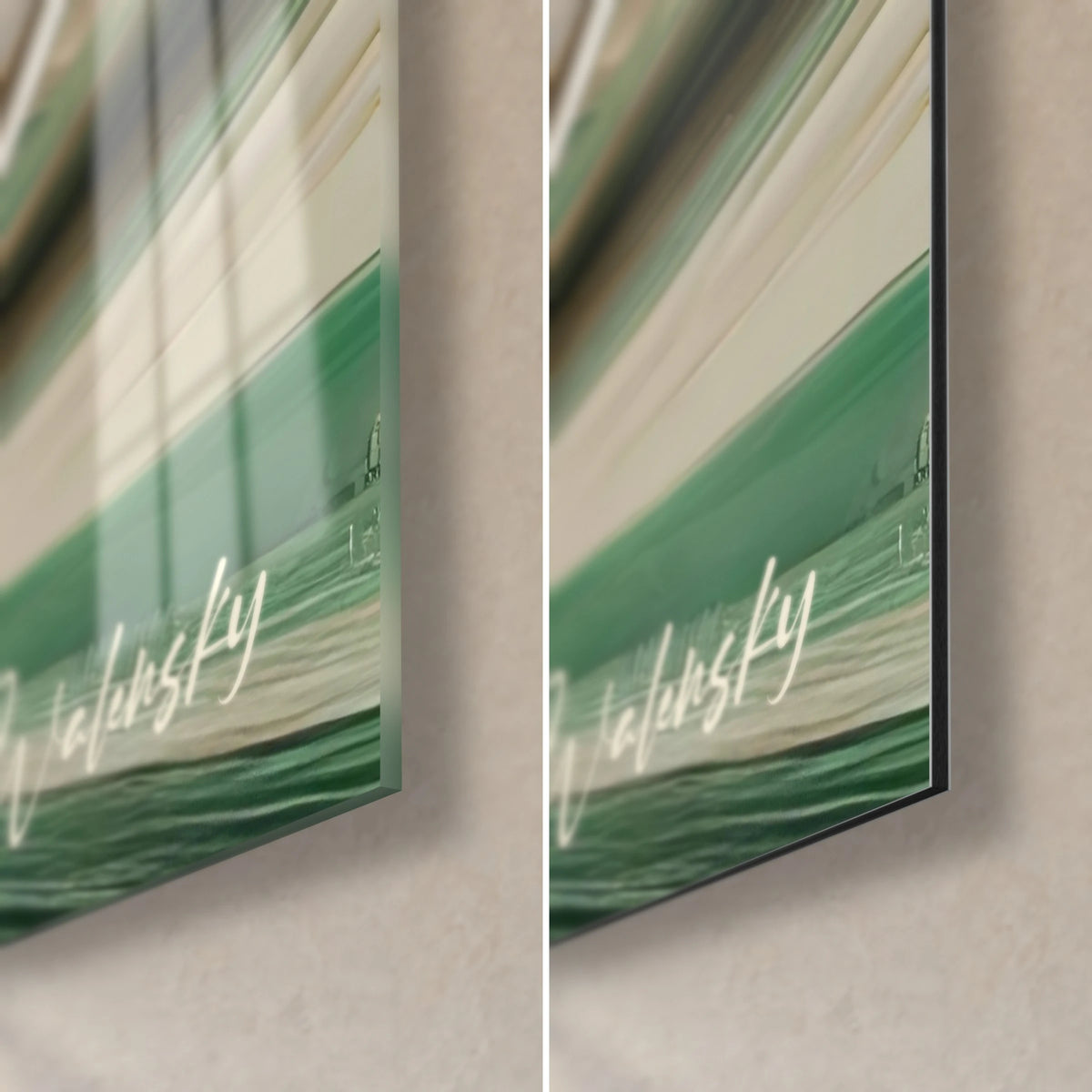 Schilderij witte en jadegroene watervogel, rechtsonder hoek: 3 mm rand, glanzend glas links, mat Dibond rechts