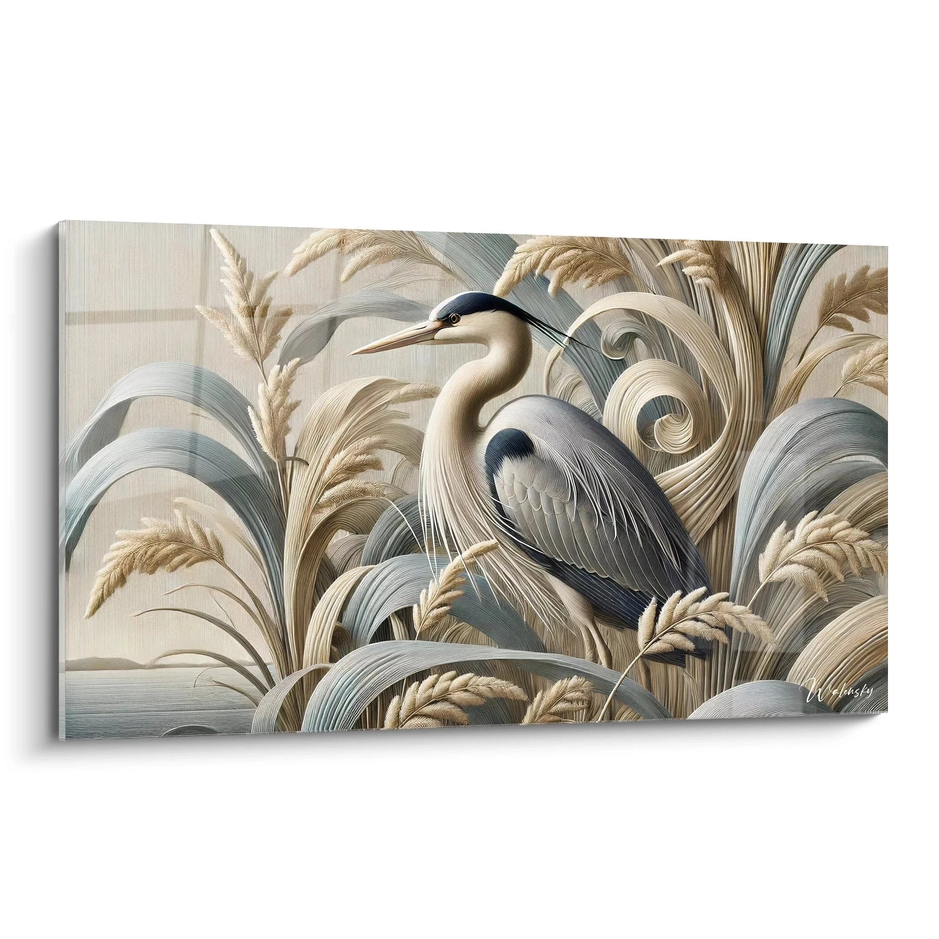 Ce tableau heron, capture l'elegance de cet oiseau dans un decor vegetal. Les courbes fluides et details soignes des plumes apportent une touche artistique et apaisante a votre espace