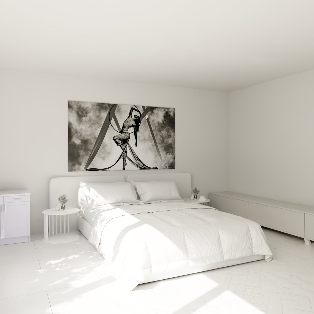 Contorsionniste au cerceau, tons anthracite et blanc, tableau danse acrobatique au-dessus d'un lit dans une chambre claire