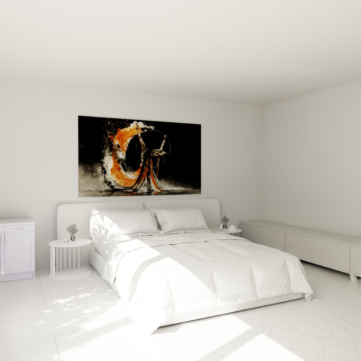 Contorsionniste suspendue dans un tourbillon orange et anthracite, au-dessus d'un lit dans une chambre claire