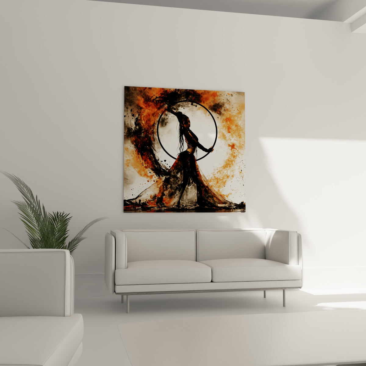 Danse acrobatique en noir et orange terracotta, disposée au-dessus d'un canapé dans un salon lumineux