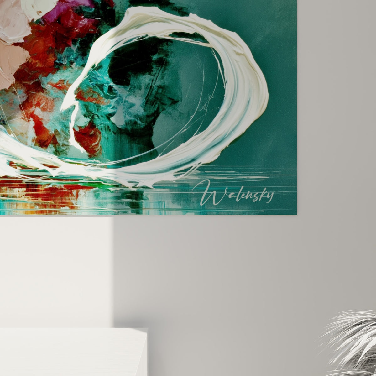 Empâtements blancs et éclats bordeaux de cette danse acrobatique, grain de peinture visible en gros plan
