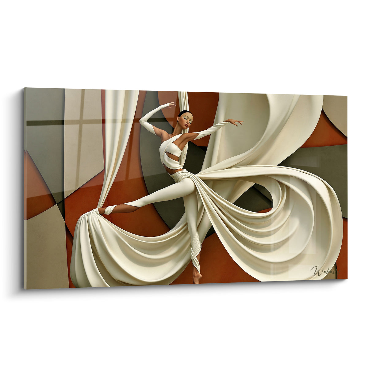 Danseuse ivoire en pleine extension, drapé terracotta et anthracite en toile acrobatique