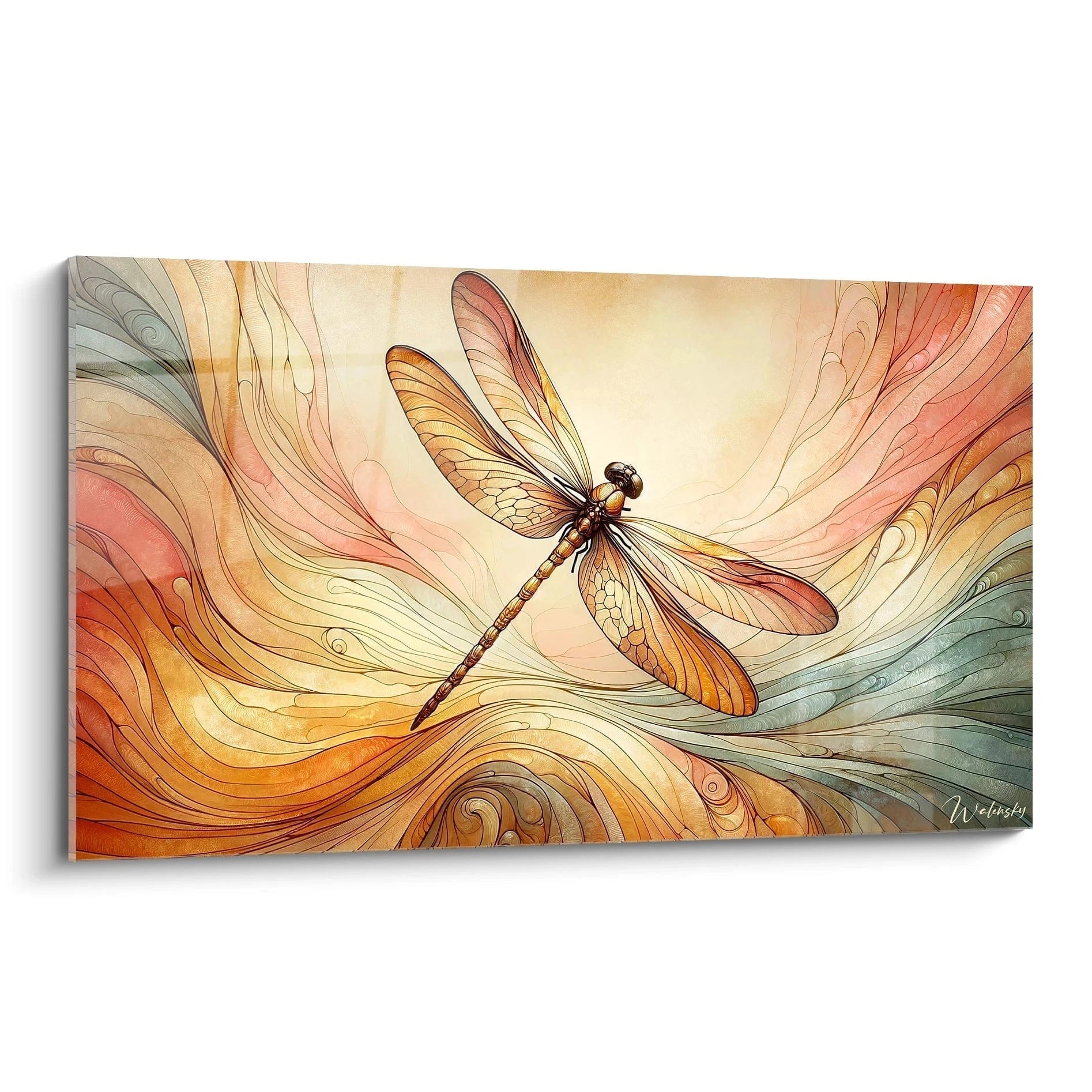 Un tableau abstrait de libellule ambrée au centre d'un tourbillon linéaire. Dominé par des teintes ocre, corail, vert pâle et beige. La texture présente des lignes fluides courbes formant des spirales et des vagues, contrastant avec les ailes finement nervurées et segmentées de l'insecte central.