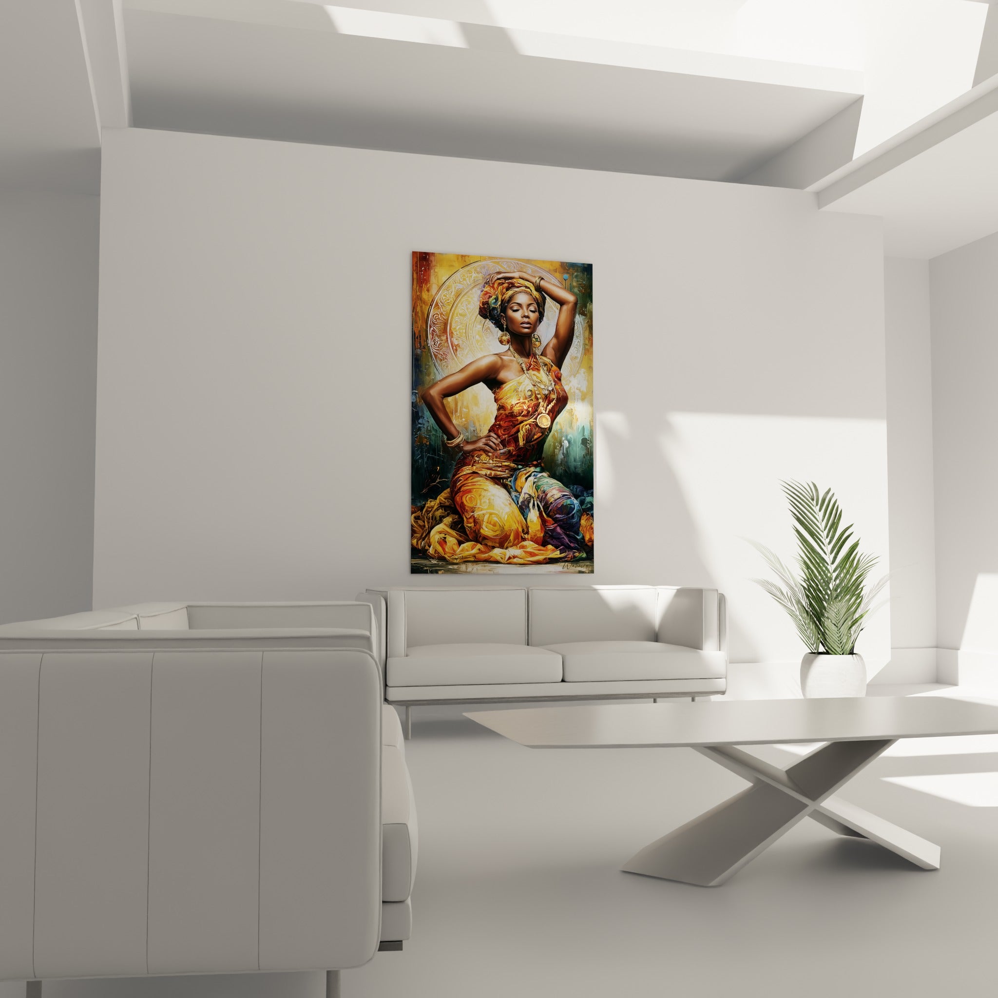 Portrait vêtu de tons fauves et bleu profond, posture fière, suspendu au-dessus d'un canapé dans un salon lumineux