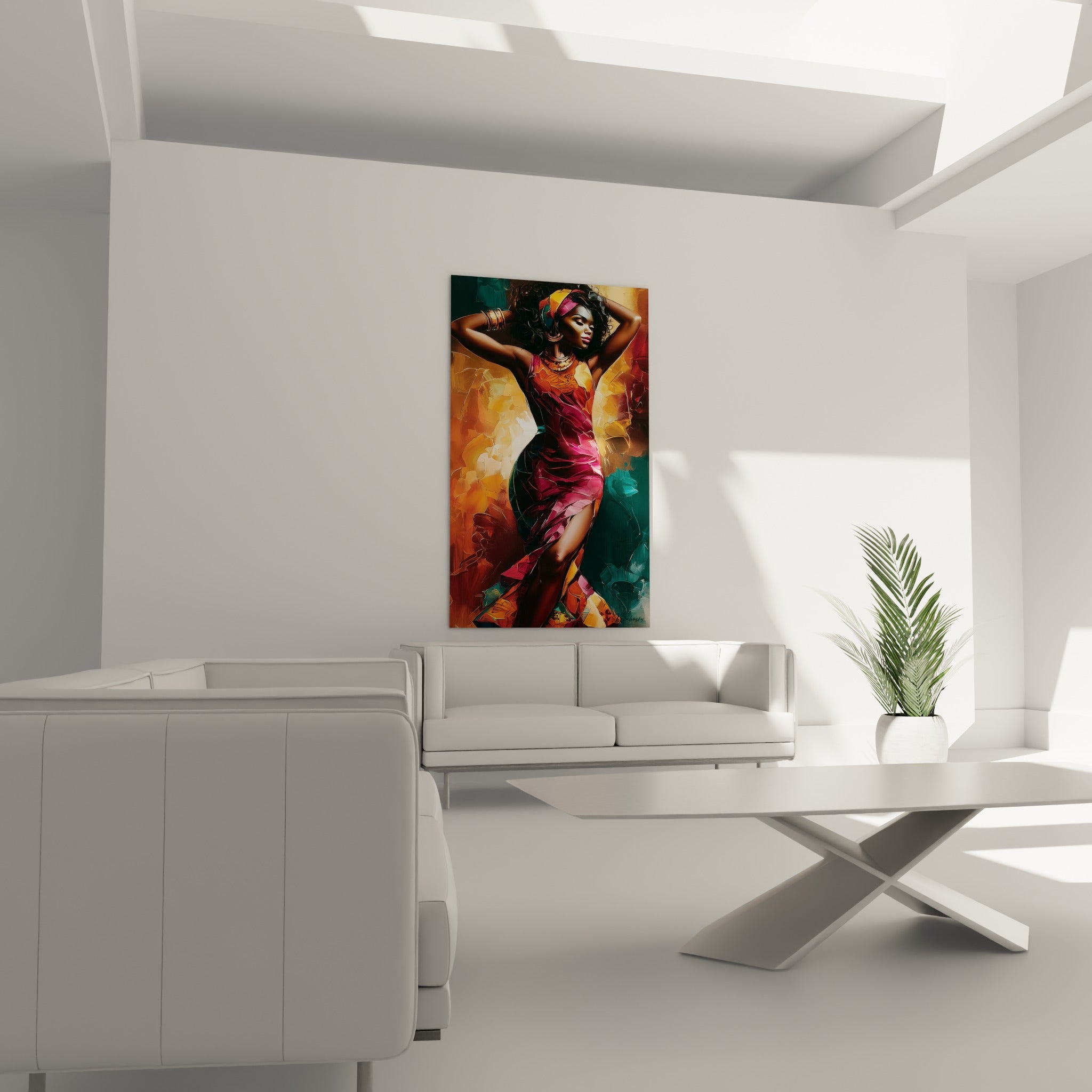 Femme au turban coloré et robe pourpre, tableau danse africaine au-dessus d'un canapé dans un salon lumineux