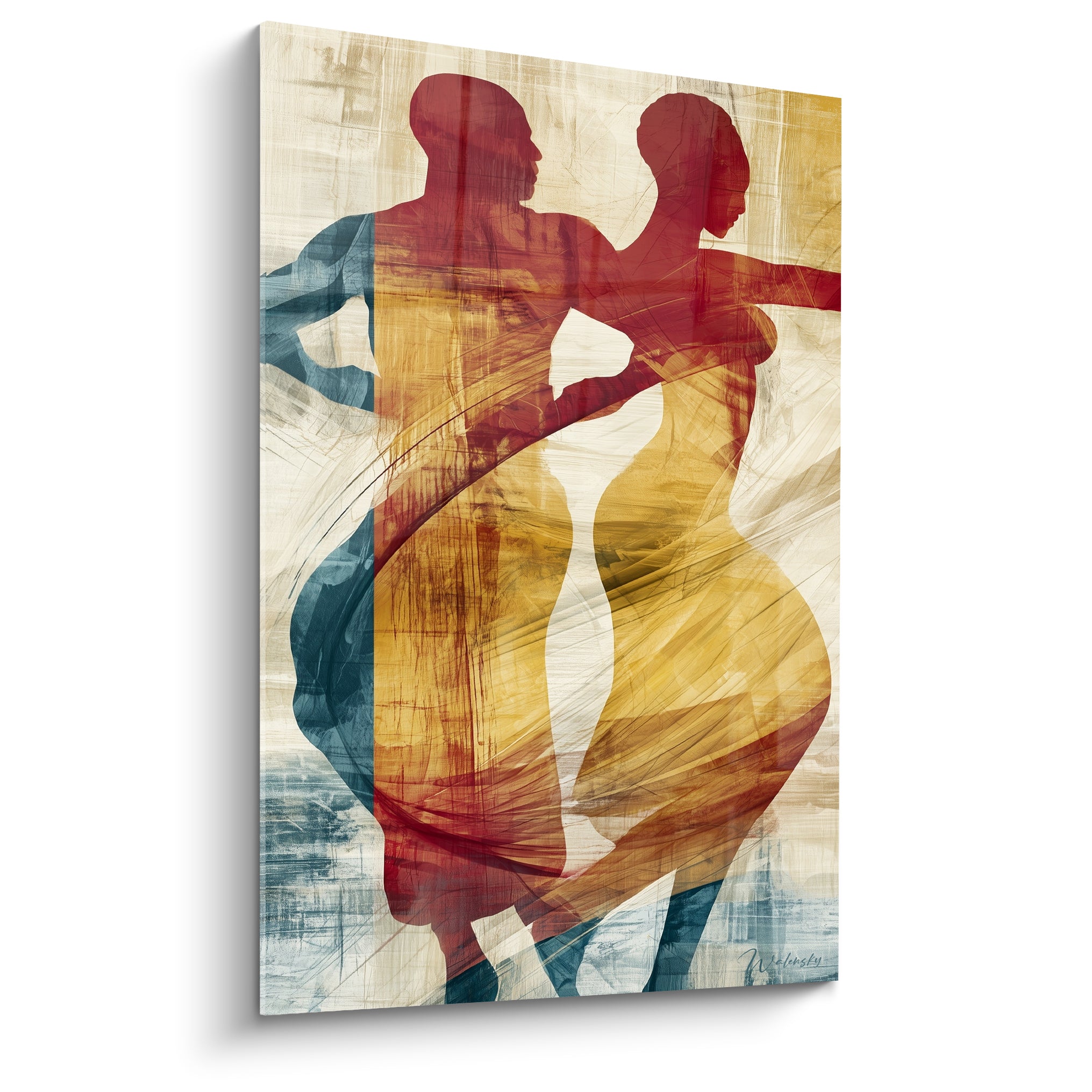 Danse africaine en silhouettes rouge brique et ocre doré, couple enlacé dans un mouvement fluide