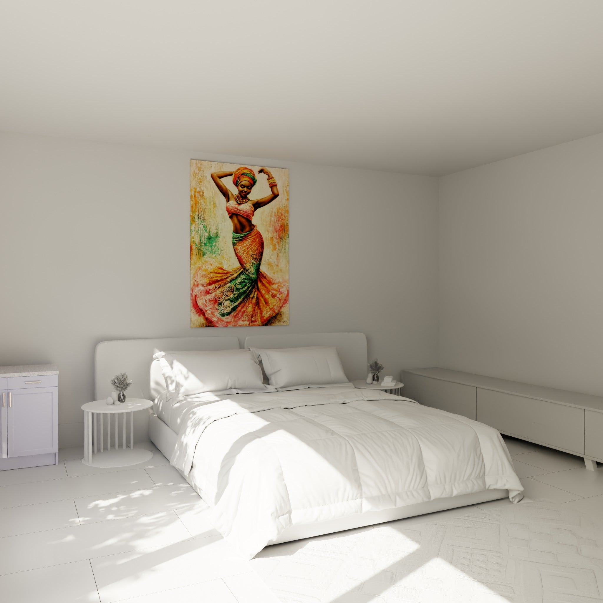 Silhouette dansante aux couleurs orange et vert émeraude au-dessus d'un lit dans une chambre claire