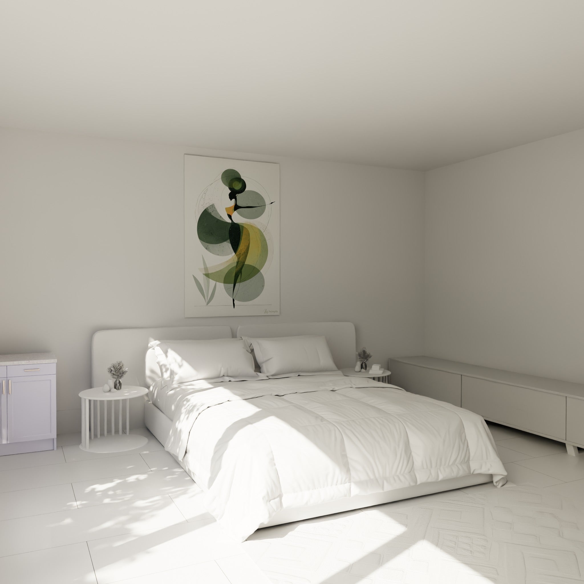 Silhouette élancée aux teintes vert olive et ocre du tableau Danse africaine, au-dessus d'un lit dans une chambre claire