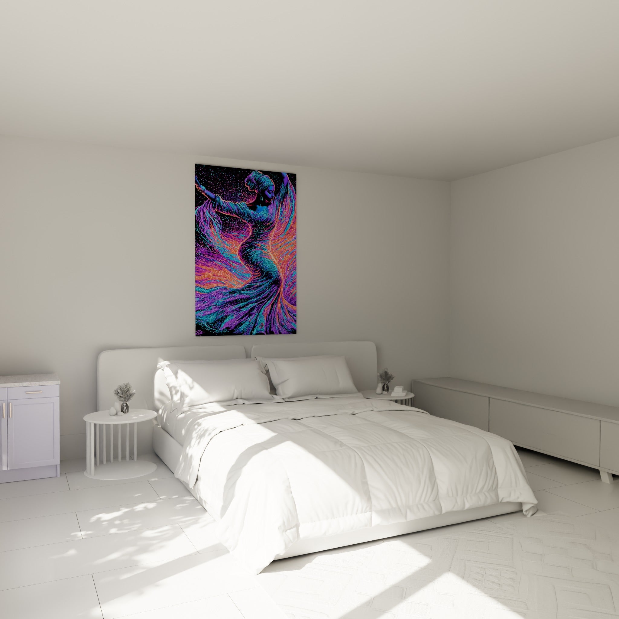 Silhouette pointilliste violette et orange déployée au-dessus d'un lit dans une chambre claire
