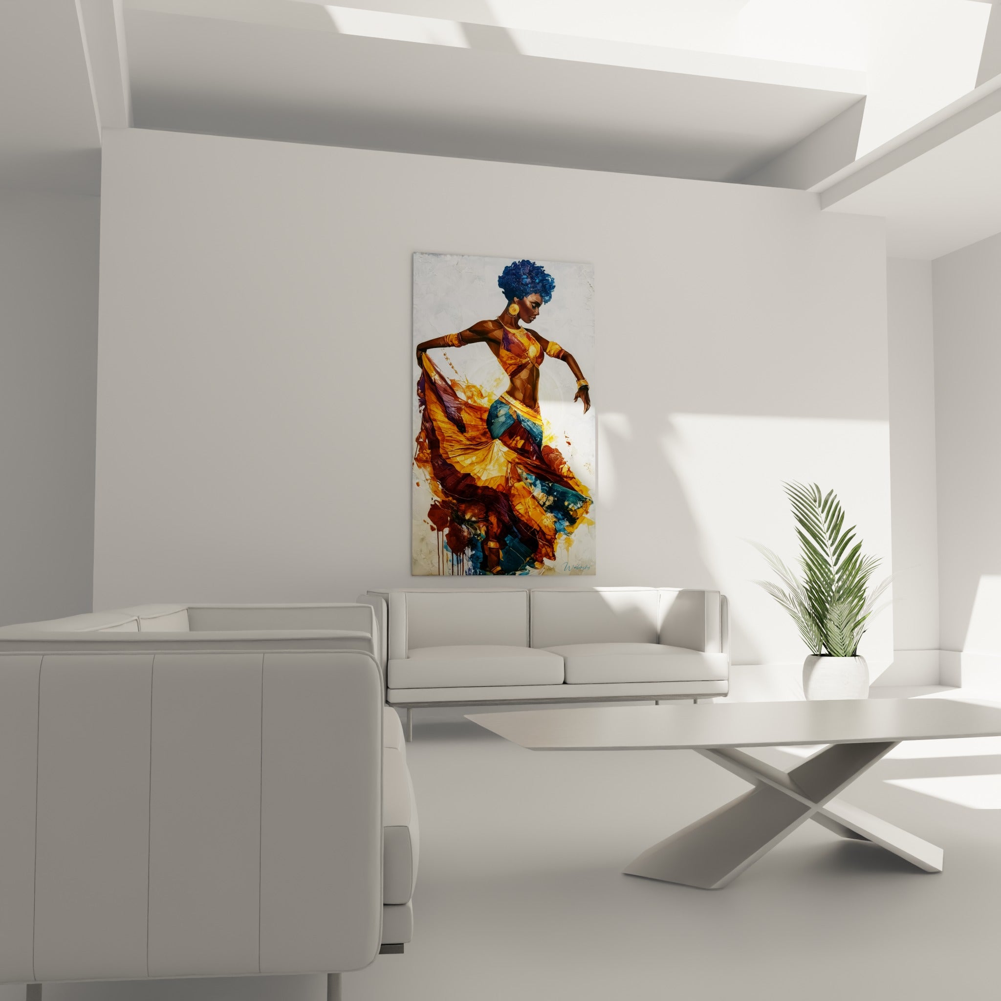 Bras tendu et tissu safran déployé, tableau Danse africaine au-dessus d'un canapé dans un salon lumineux