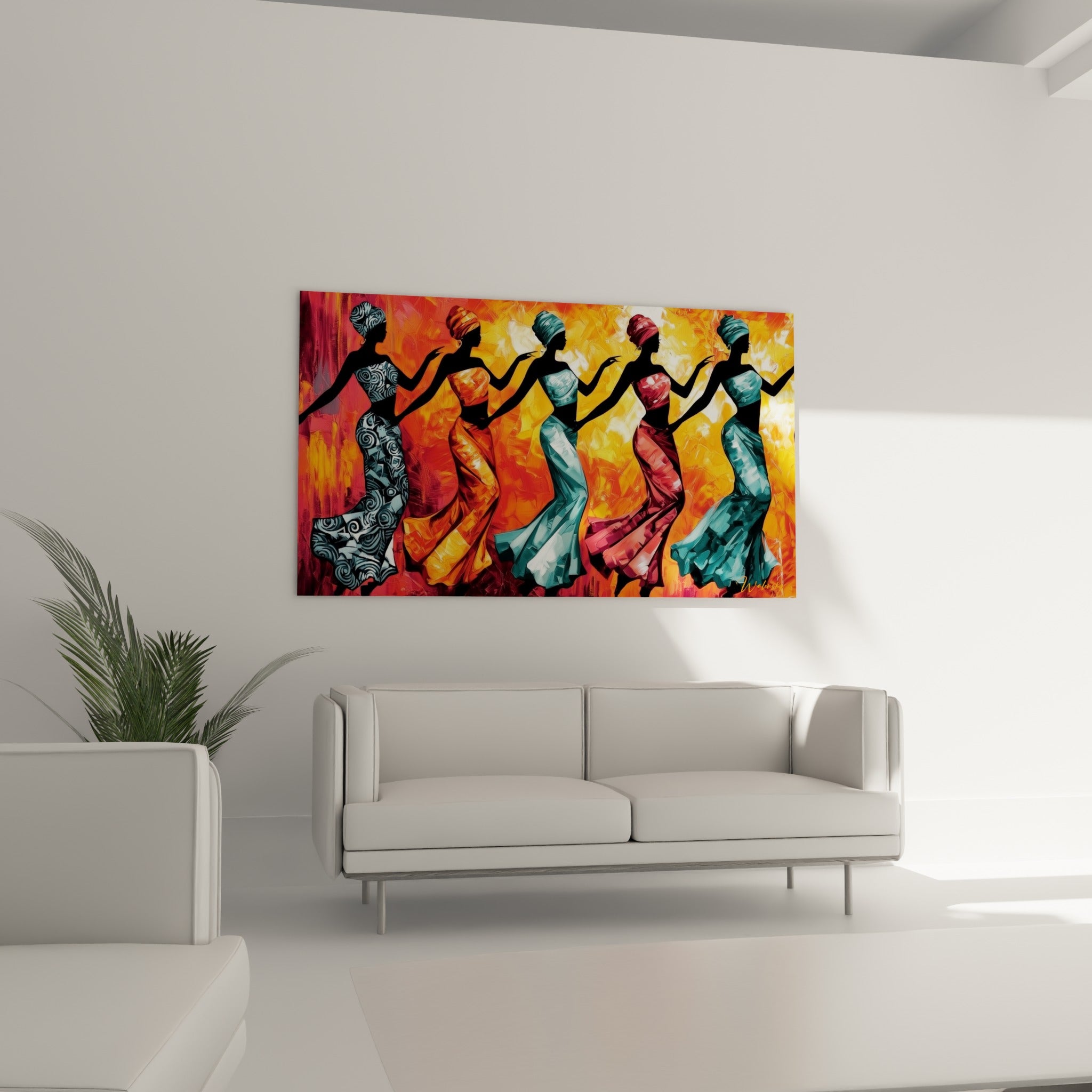Danseuses aux robes bordeaux et turquoise en plein élan, au-dessus d'un canapé dans un salon lumineux