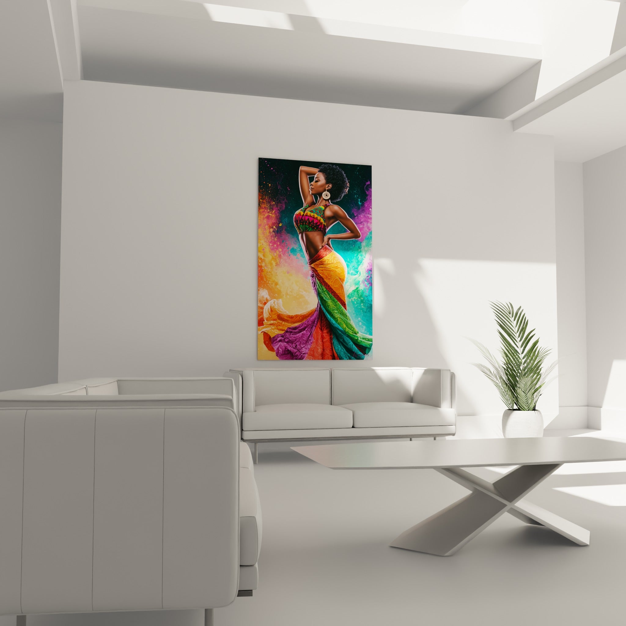 Femme en mouvement, tissu tribal rouge et vert, au-dessus d'un canapé dans un salon lumineux