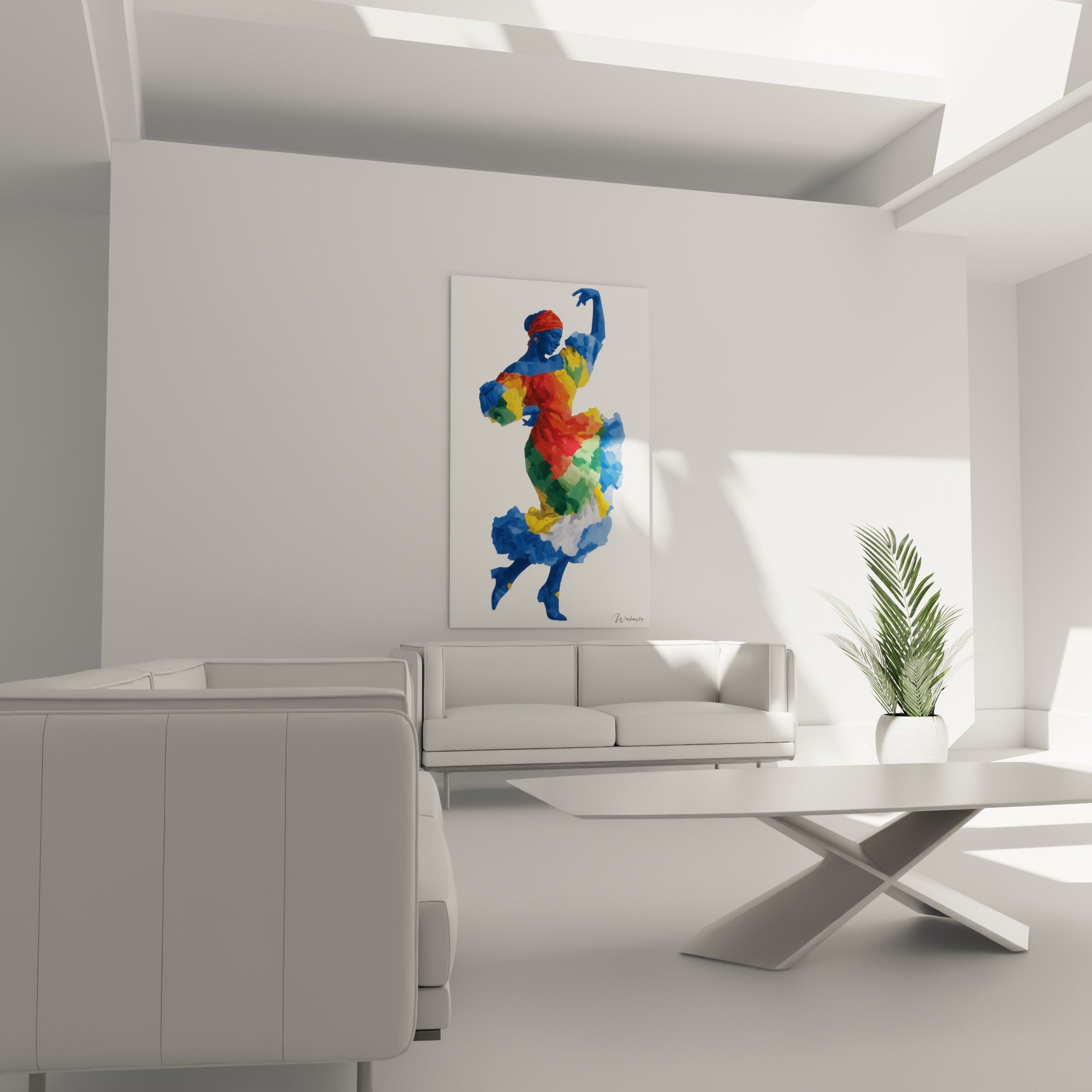 Danseuse en robe rouge et verte tournoyant, corps bleu, au-dessus d'un canapé dans un salon lumineux