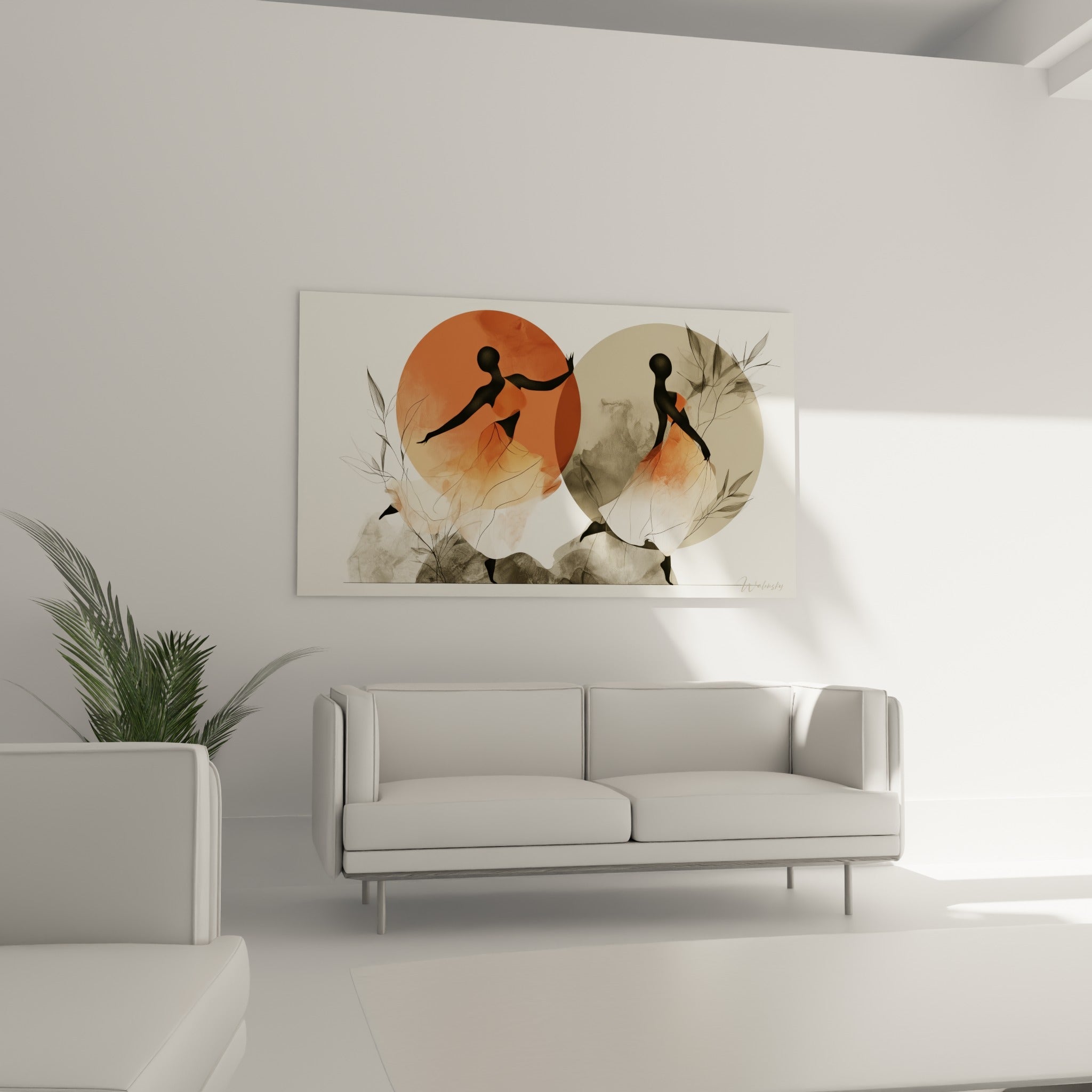 Figures noires en mouvement sur cercles orangé et gris au-dessus d'un canapé dans un salon lumineux