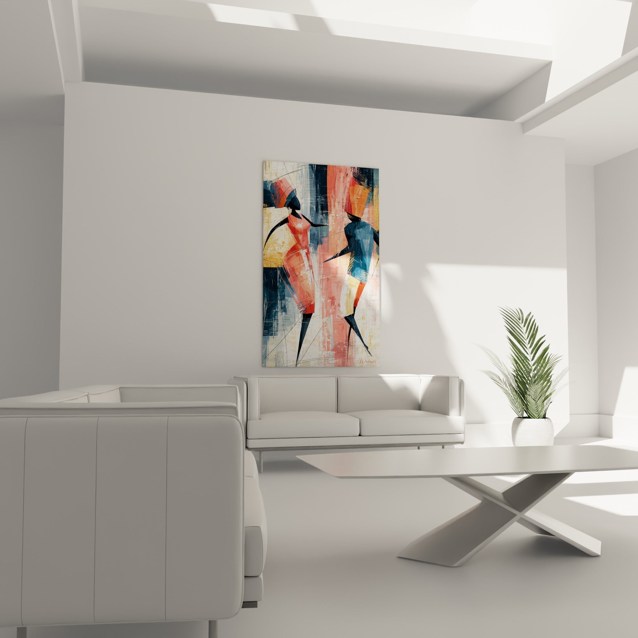 Figures dansantes aux teintes ocre et anthracite disposées au-dessus d'un canapé dans un salon lumineux