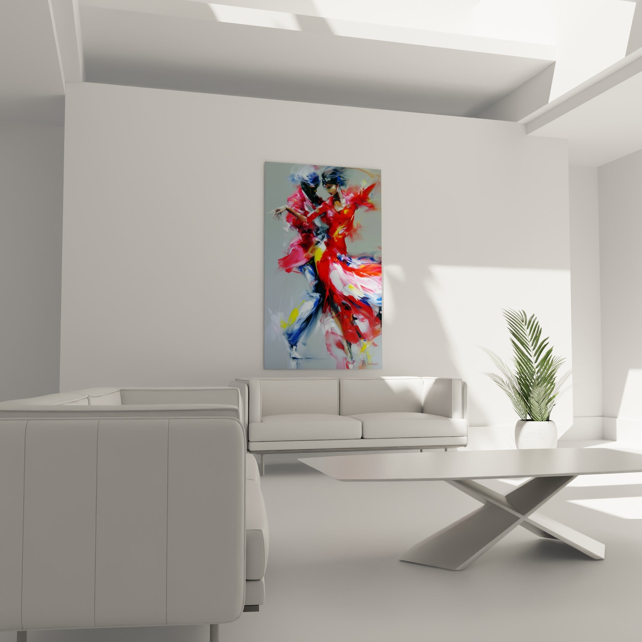 Silhouettes enlacées aux teintes rouge et jaune vif, tableau danse africaine au-dessus d'un canapé dans un salon lumineux