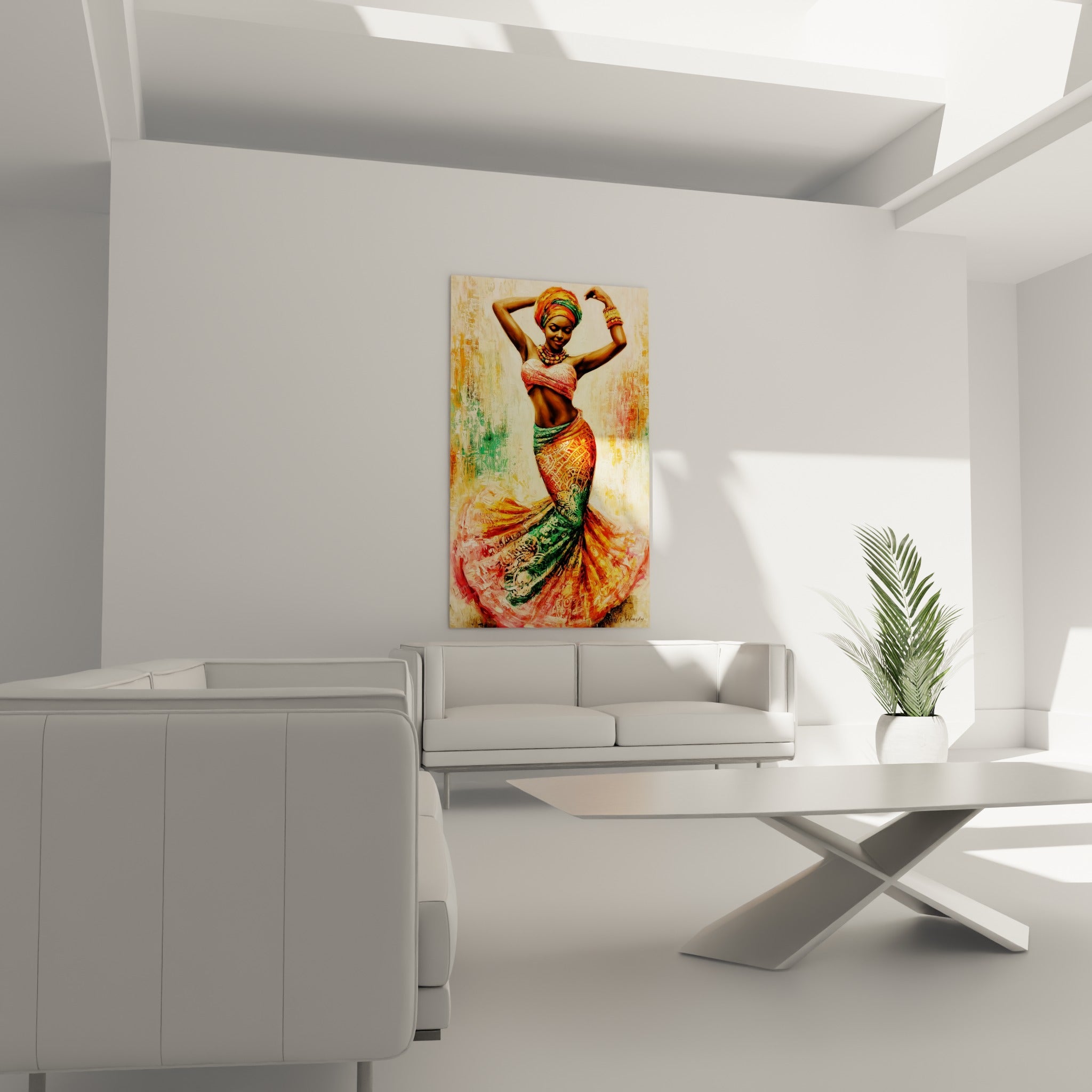 Femme en mouvement, foulard orange vif et jupe verte déployée, au-dessus d'un canapé dans un salon lumineux