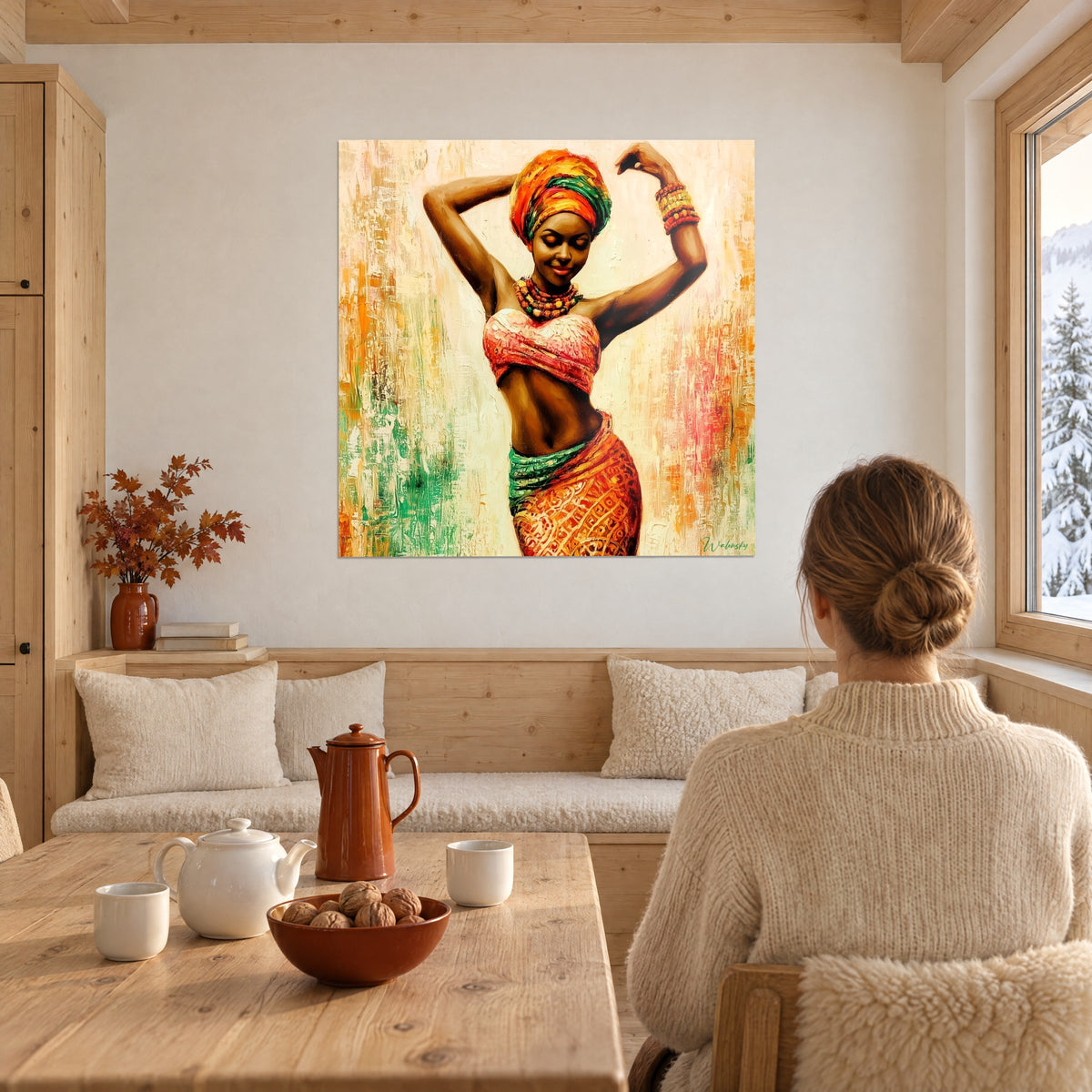 Wall art dance portrait with closed eyelids, arms folded behind the head, rust and emerald tones, in a mountain chalet
