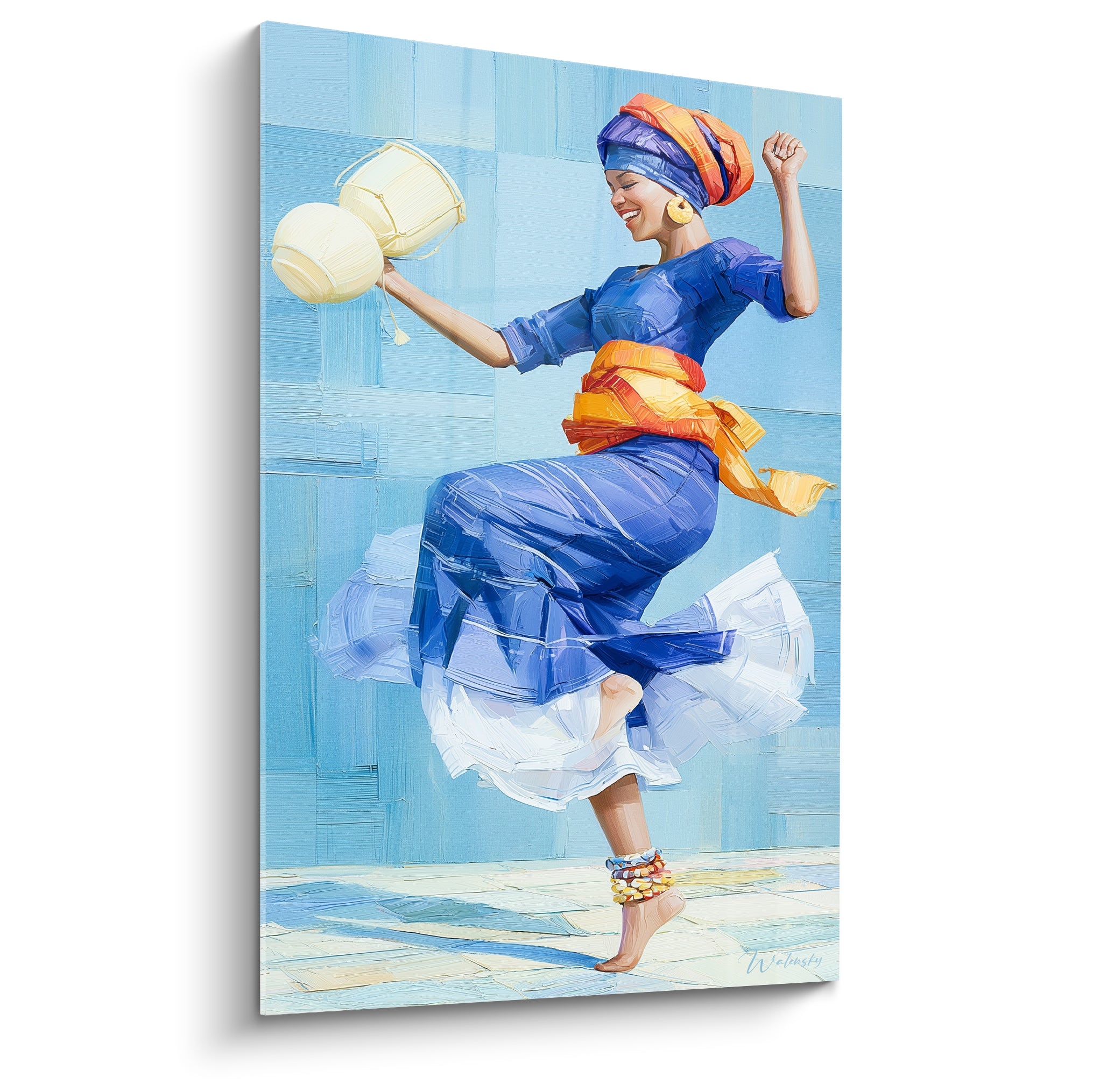 Danseuse en robe bleu roi et turban orange, tambour ivoire en main, tableau danse africaine expressif