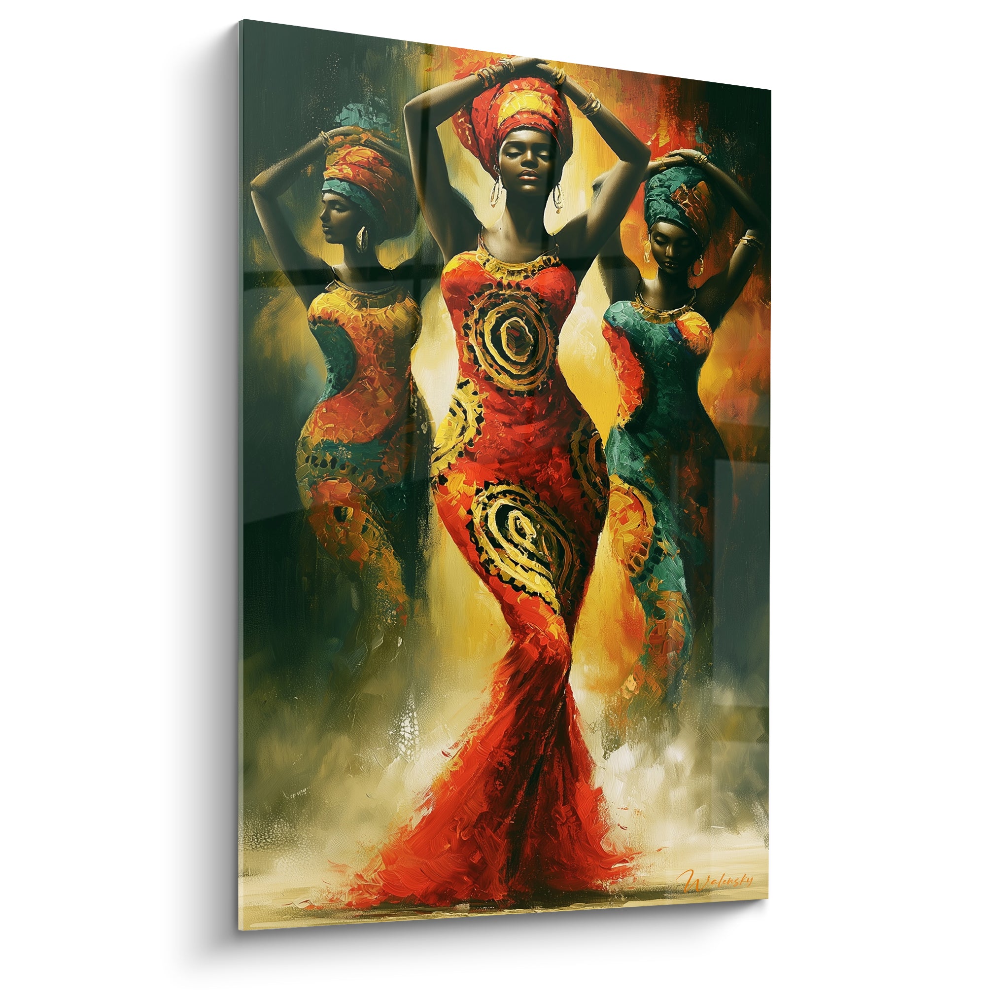 Danse africaine : femme en robe rouge et dorée, bras levés, entourée de silhouettes turquoise et ocre