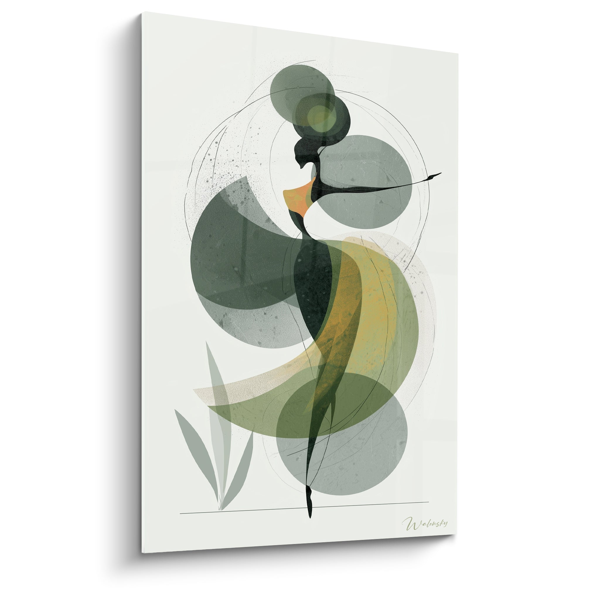 Silhouette de danseuse en vert olive et ocre, cercles superposés, tableau Danse africaine sur fond ivoire