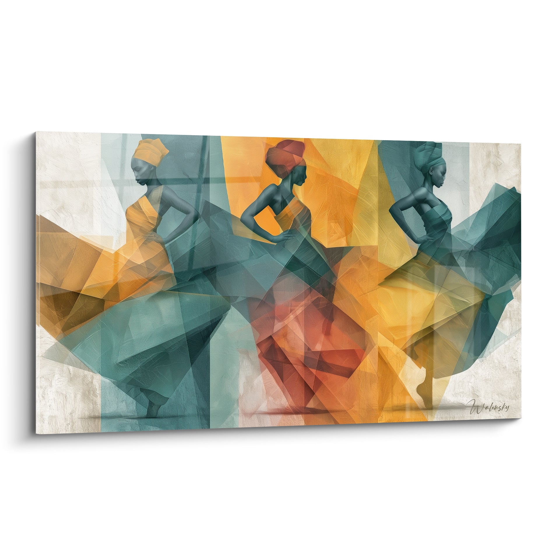 Danse africaine en silhouettes ocre et sarcelle, robes fragmentées en éventails géométriques colorés