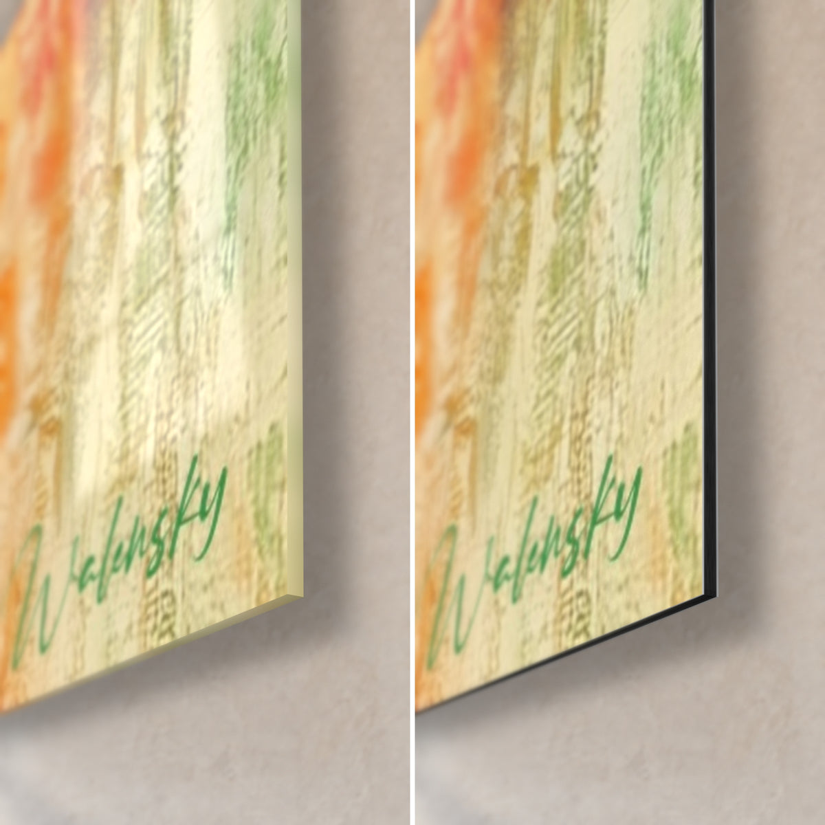 Wall art dancer in an orange wrap skirt with ochre motifs, bottom right corner: glossy acrylic glass on the left, matte black Dibond on the right
