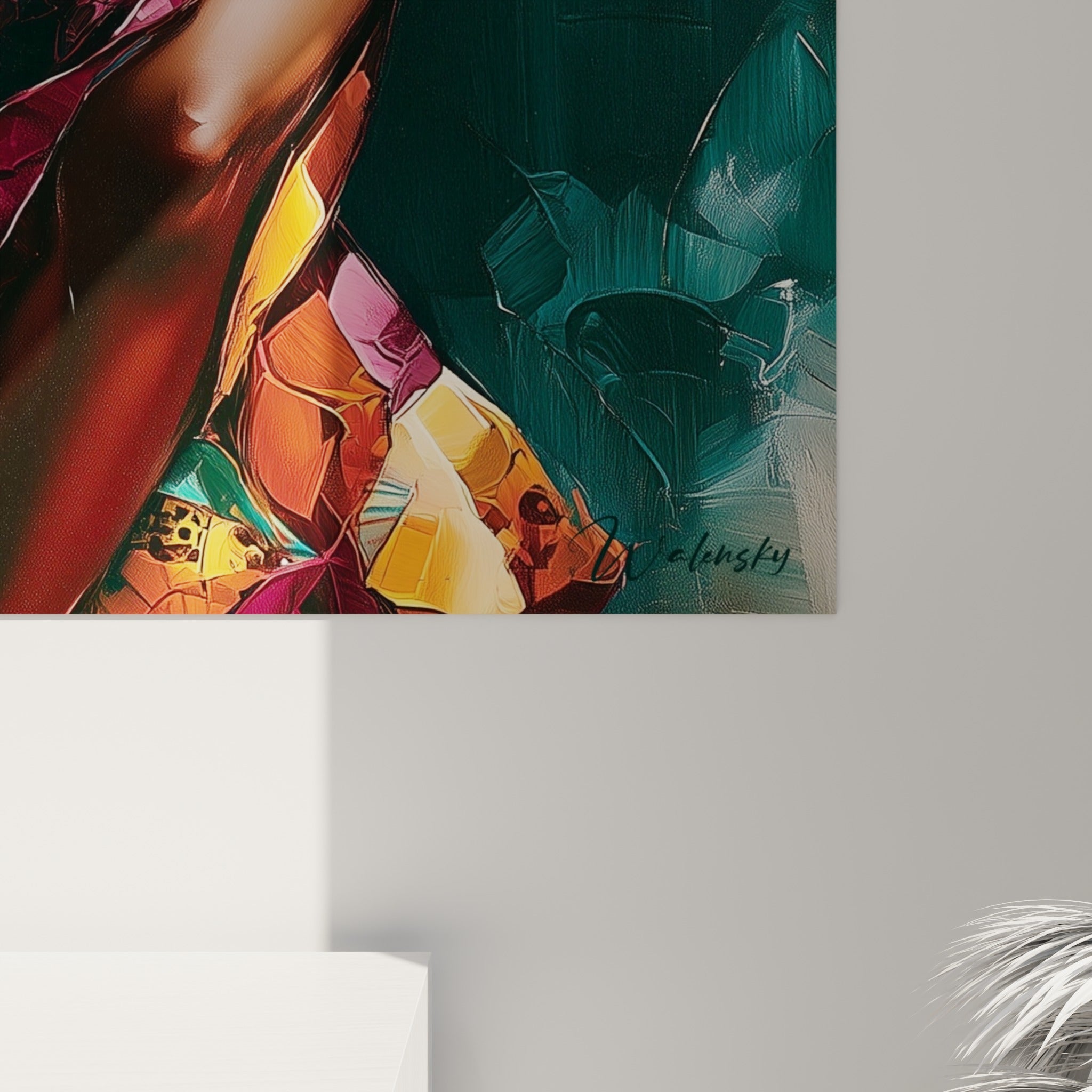 Empâtements dorés et coulures bordeaux se mêlant sur la toile, détail matière du tableau danse africaine