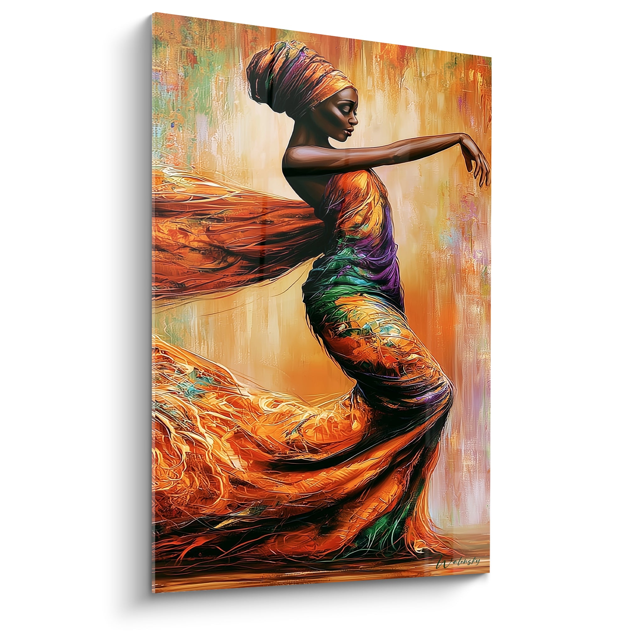 Danseuse africaine en turban orange, robe terracotta et pourpre virevoltante, style pictural texturé