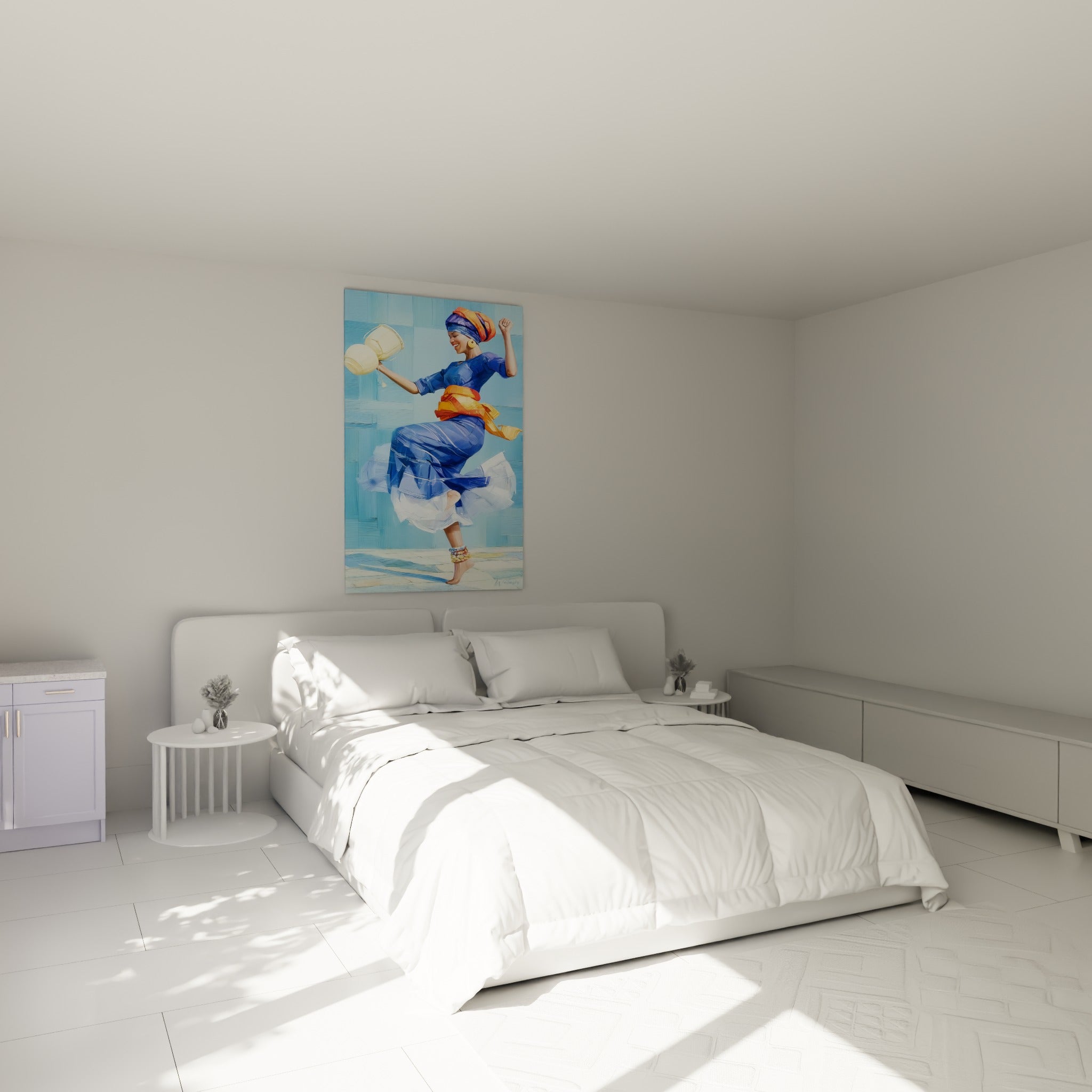 Silhouette bleu roi en plein saut, foulard orange vif, tableau danse africaine au-dessus d'un lit dans une chambre claire