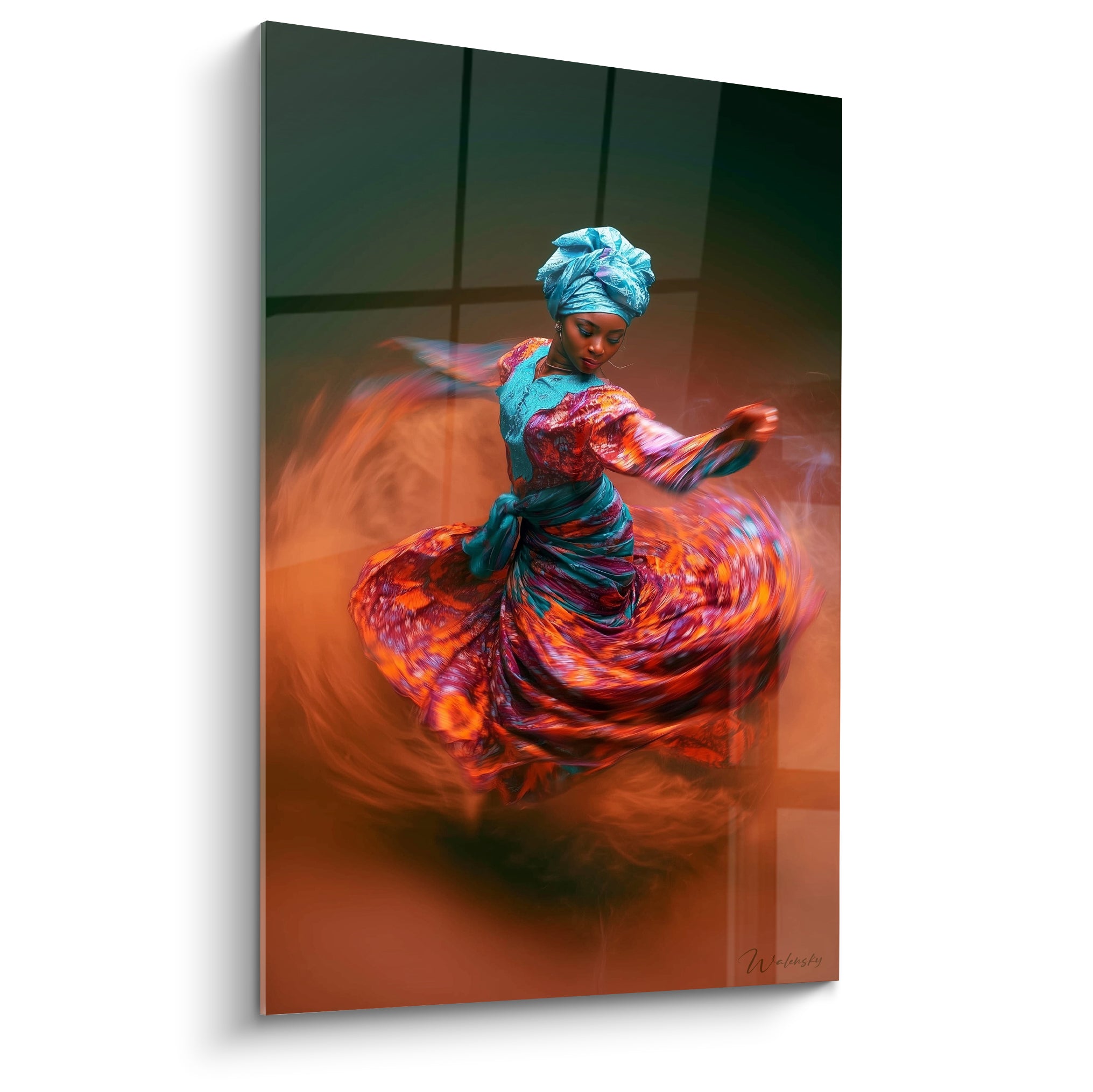 Danseuse en danse africaine, turban turquoise, robe ocre et pourpre virevoltante en plein mouvement