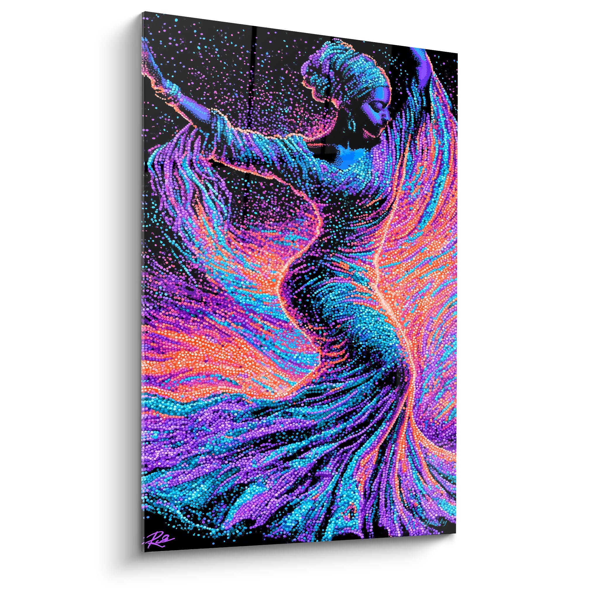 Danseuse violette et turquoise saisie en plein tourbillon sur fond noir étoilé