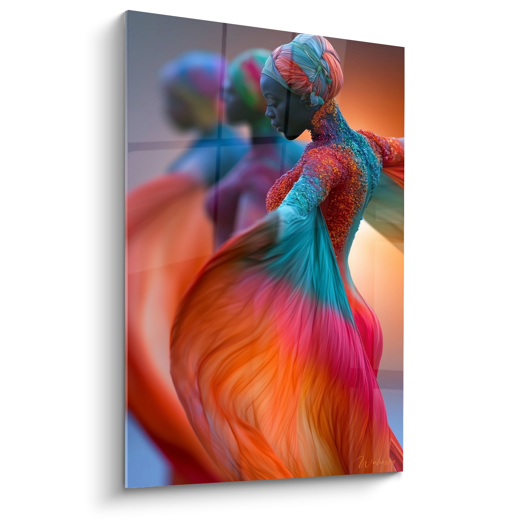 Danseuse au turban orange et turquoise dans un tourbillon de voile coloré