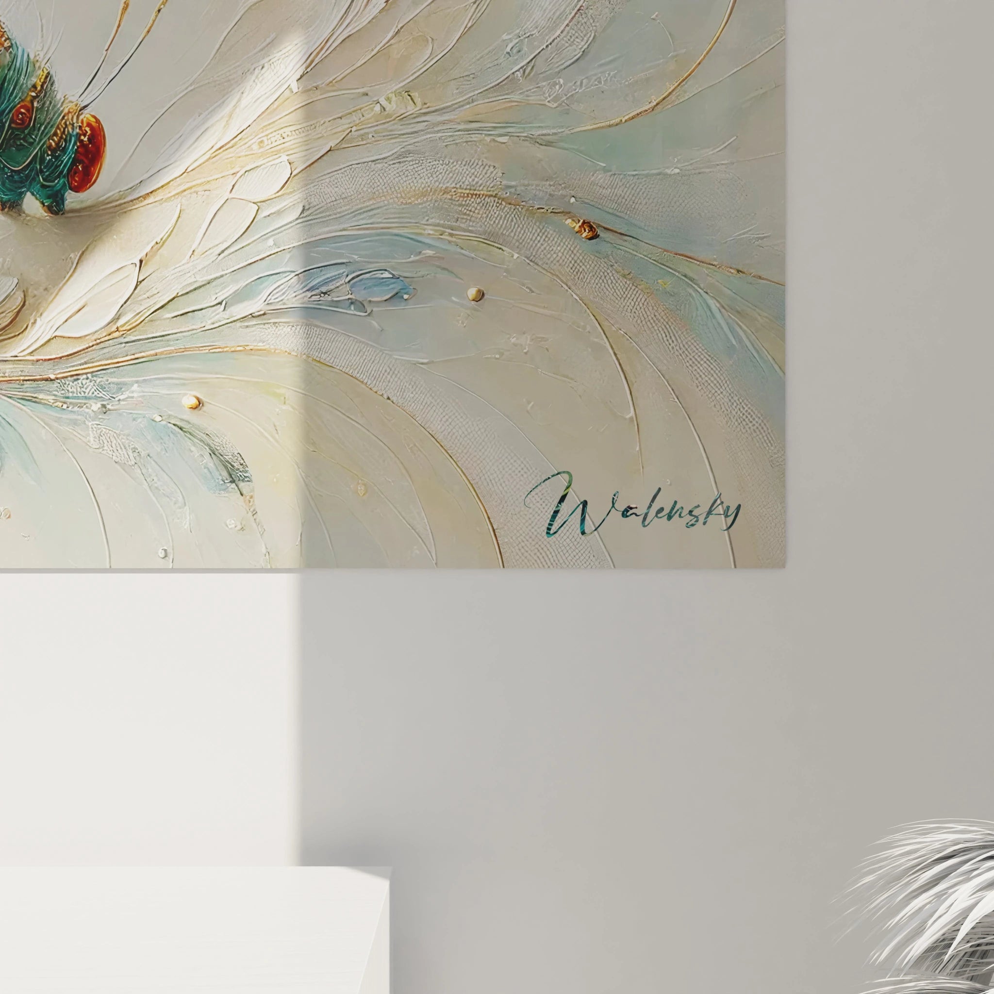 vue de pres du tableau insecte, chaque detail revele la delicate harmonie entre fragilite et resilience. une oeuvre ou les touches de beige et d or capturent l essence de la nature.