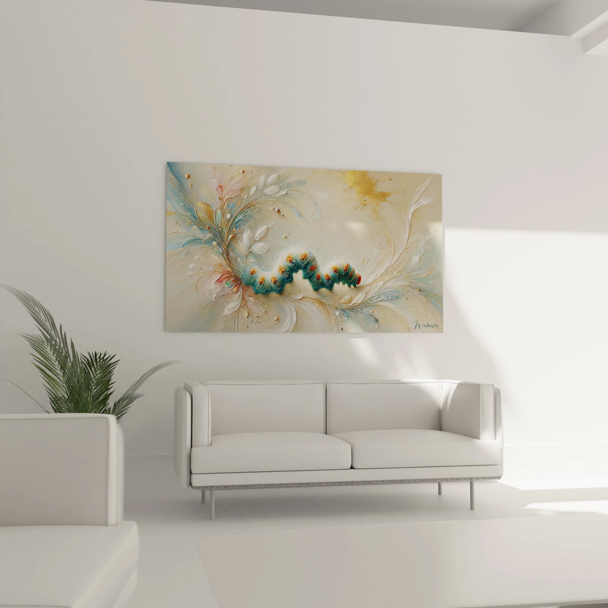 tableau insecte au dessus du canape : transformez votre salon en espace onirique ou l abstraction rencontre la realite. des tons bleus et or ajoutent une touche mystique et elegante.