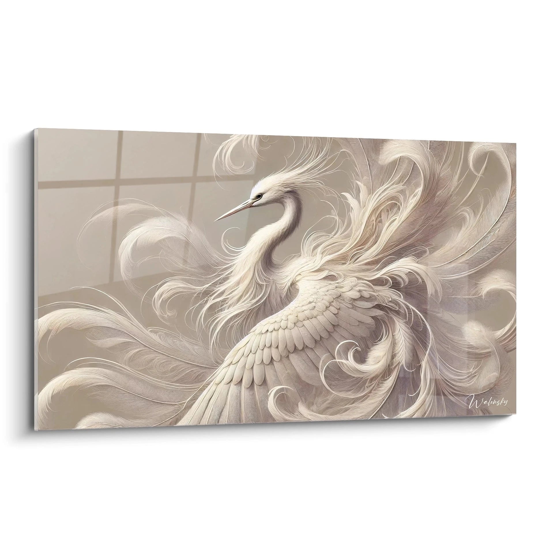 Tableau heron de biais montrant sa beaute et ses details fins Un rendu captivant ou chaque plume semble flotter dans un style epure parfait pour une decoration raffinee