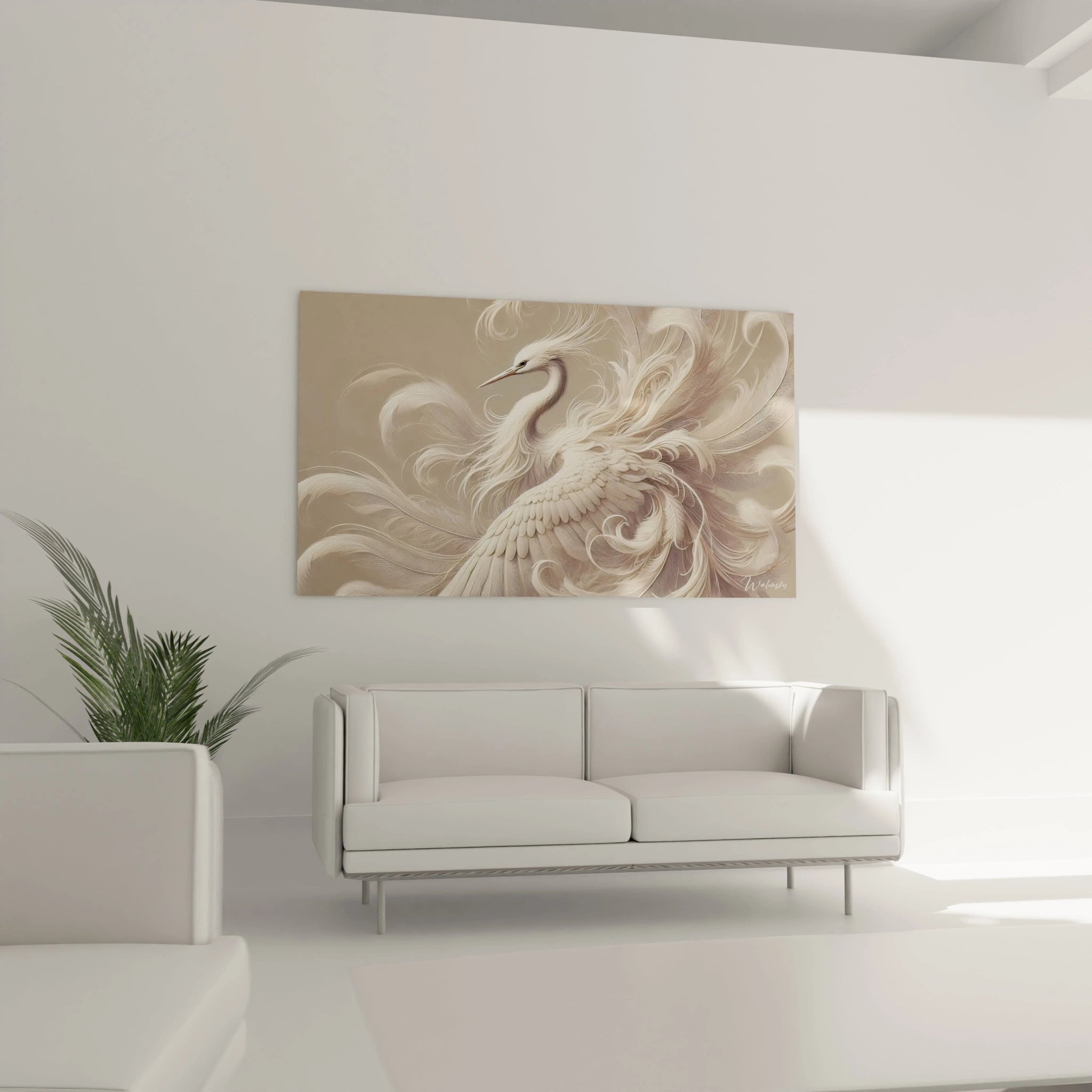 Dans un salon au-dessus du canape ce tableau heron devient le point focal de la piece Sa texture detaillee et ses courbes douces creent une ambiance apaisante