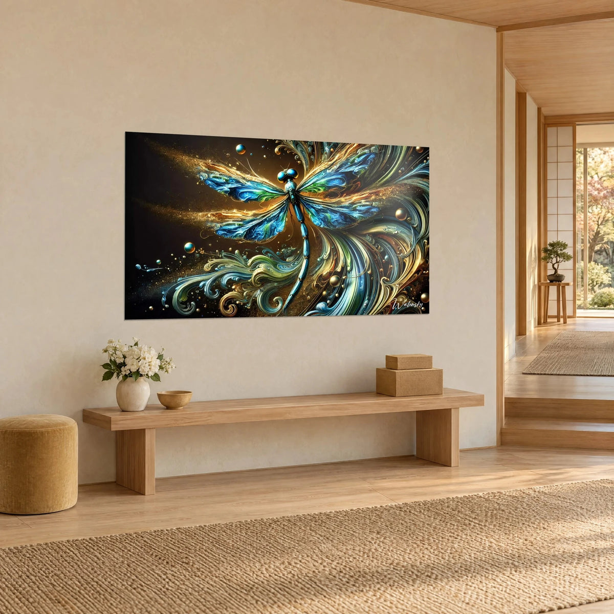 Wall art insect with cobalt blue stained-glass wings, gold mesh and linden green swirls on a black background, three-quarter view in a japandi entrance