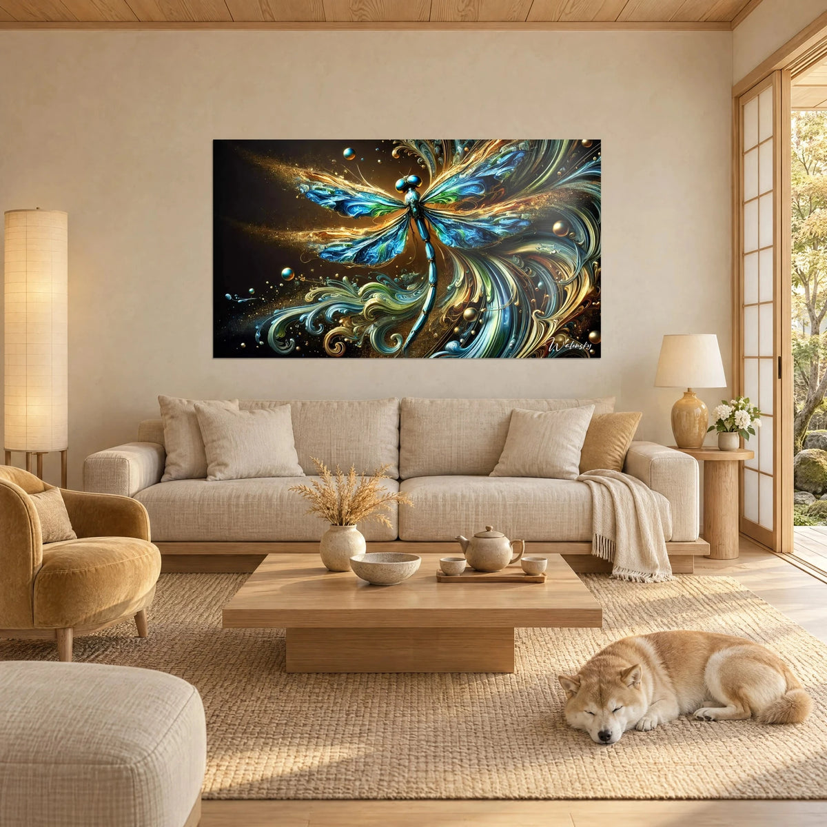 Wall art dragonfly with sapphire blue and gold wings rising from green swirls, Shiba lying beneath it, above a sofa in a bright living room