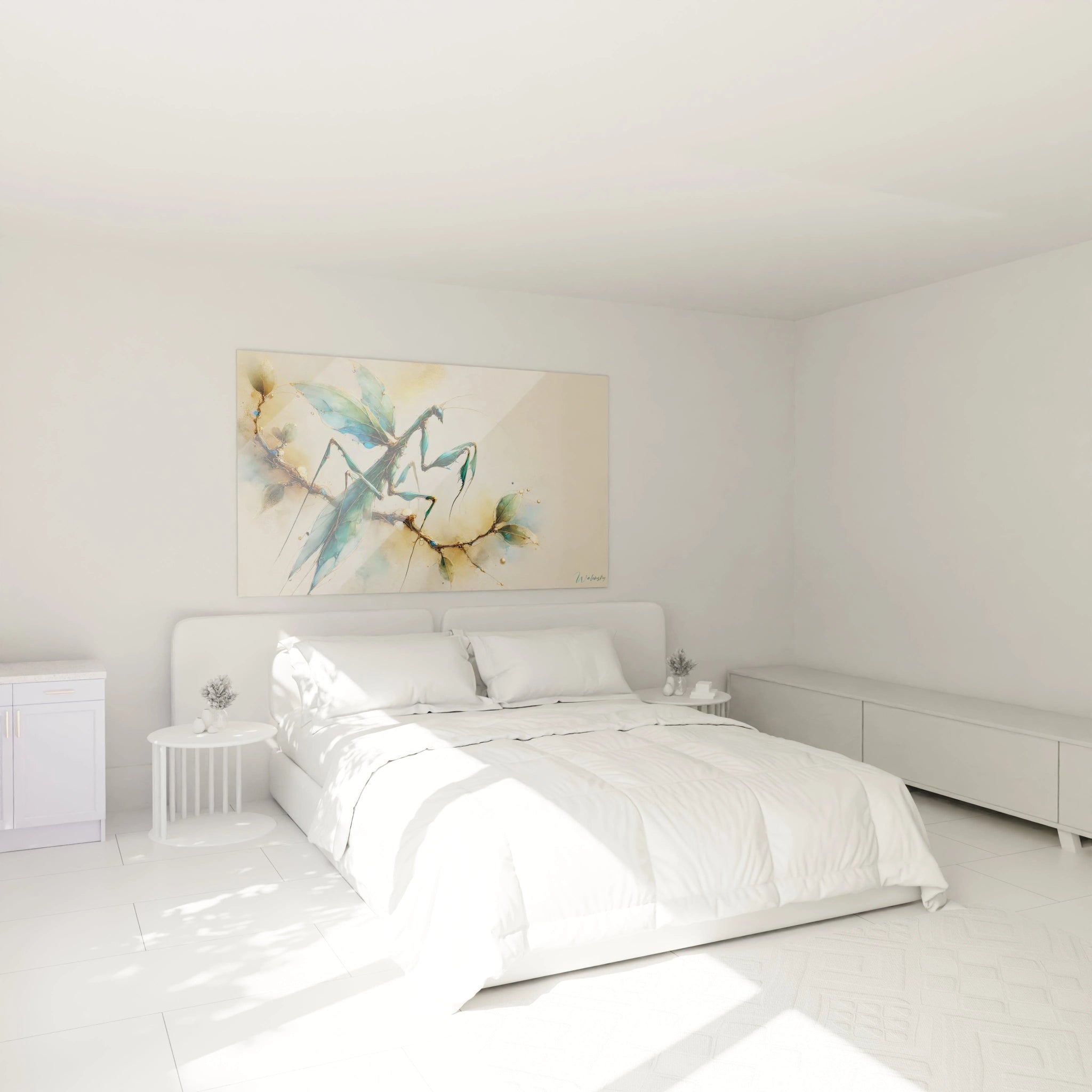 ce tableau insecte elegant et vibrant est parfait pour sublimer une chambre. Accroche au dessus du lit, il offre une vision poetique de la nature et un bel accent de couleur or et bleu.