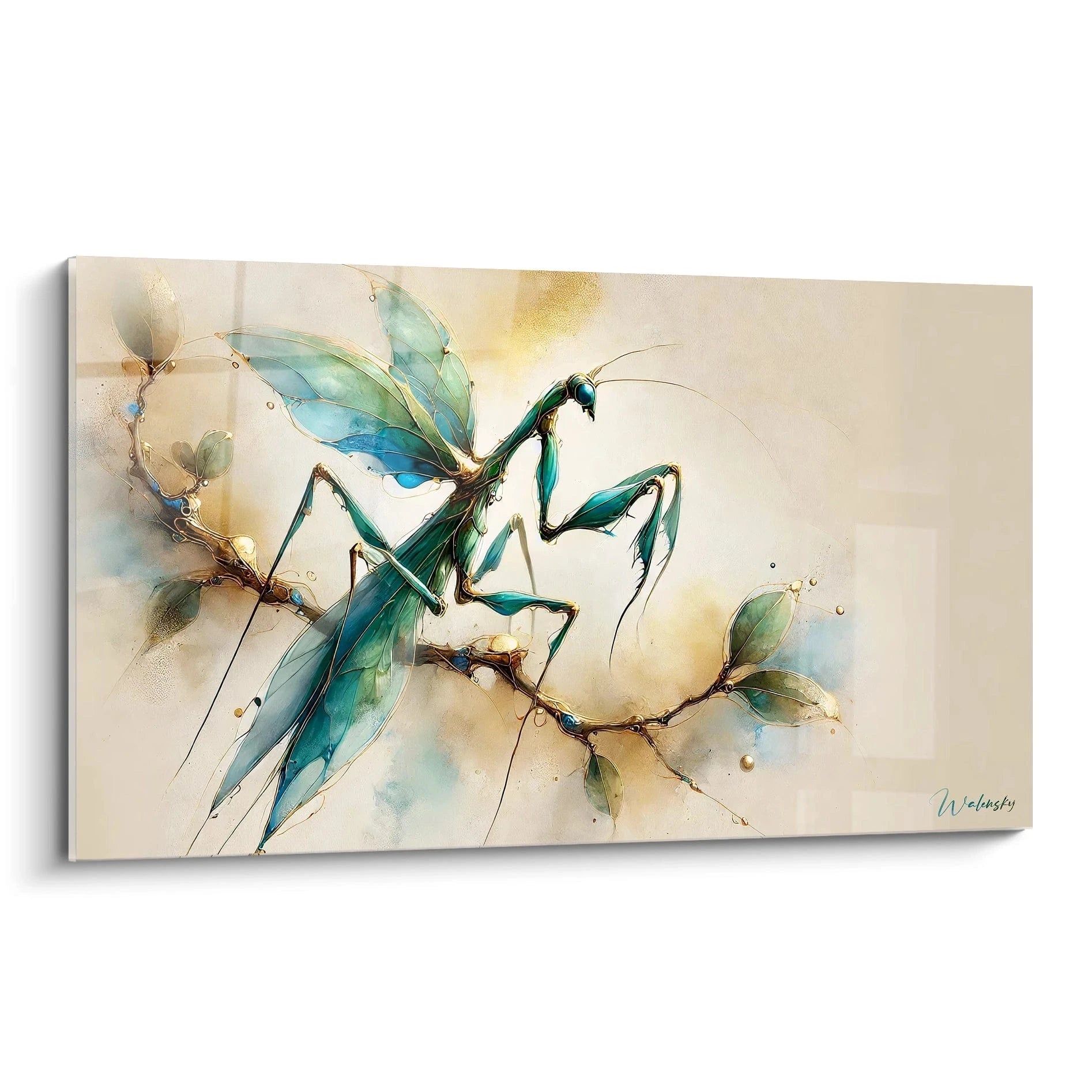 tableau insecte avec des couleurs metalliques et des details realistes mettant en scene une mante religieuse delicate vue de biais. Ce tableau insecte capte l'equilibre entre force et grace de la nature.