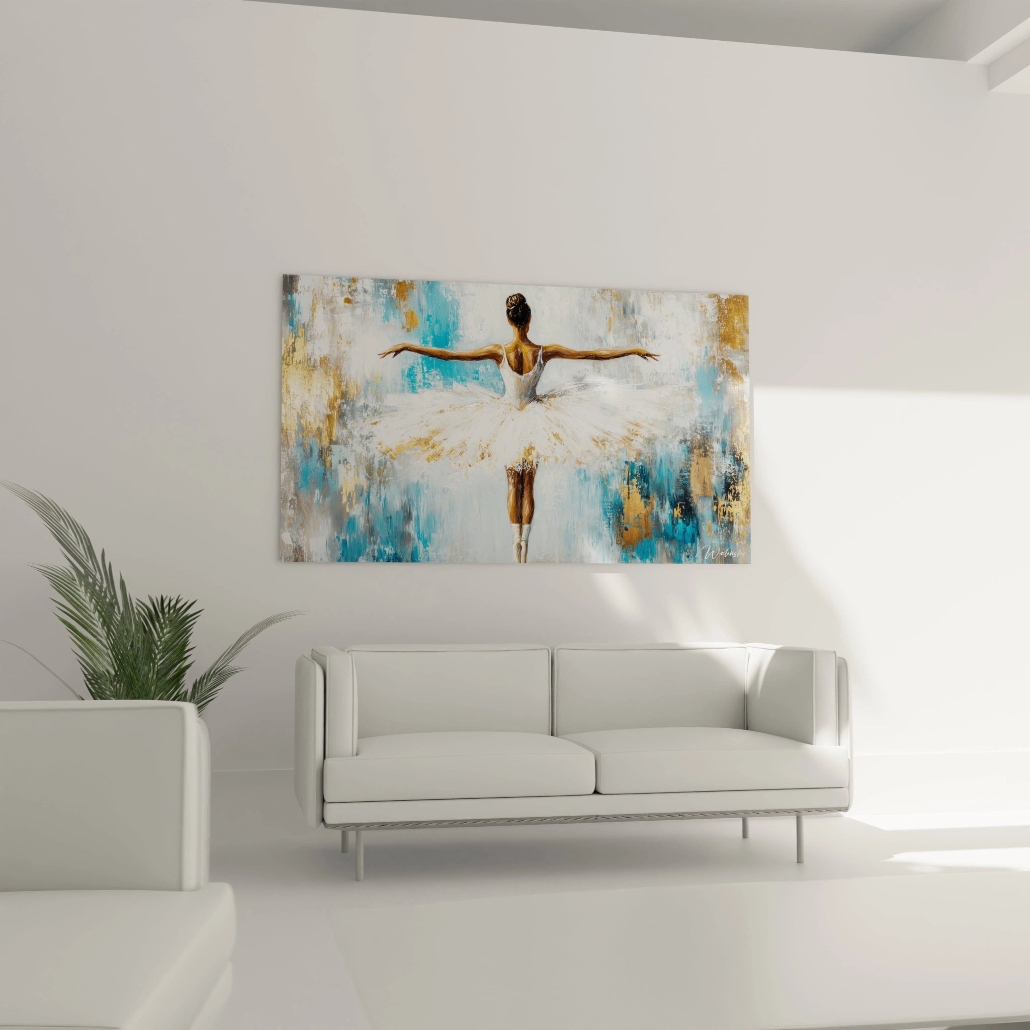 Un tableau danseuse abstrait illustrant une pose symétrique, dans des tons or, blanc et bleu, avec des coups de pinceau visibles et des textures fluides.