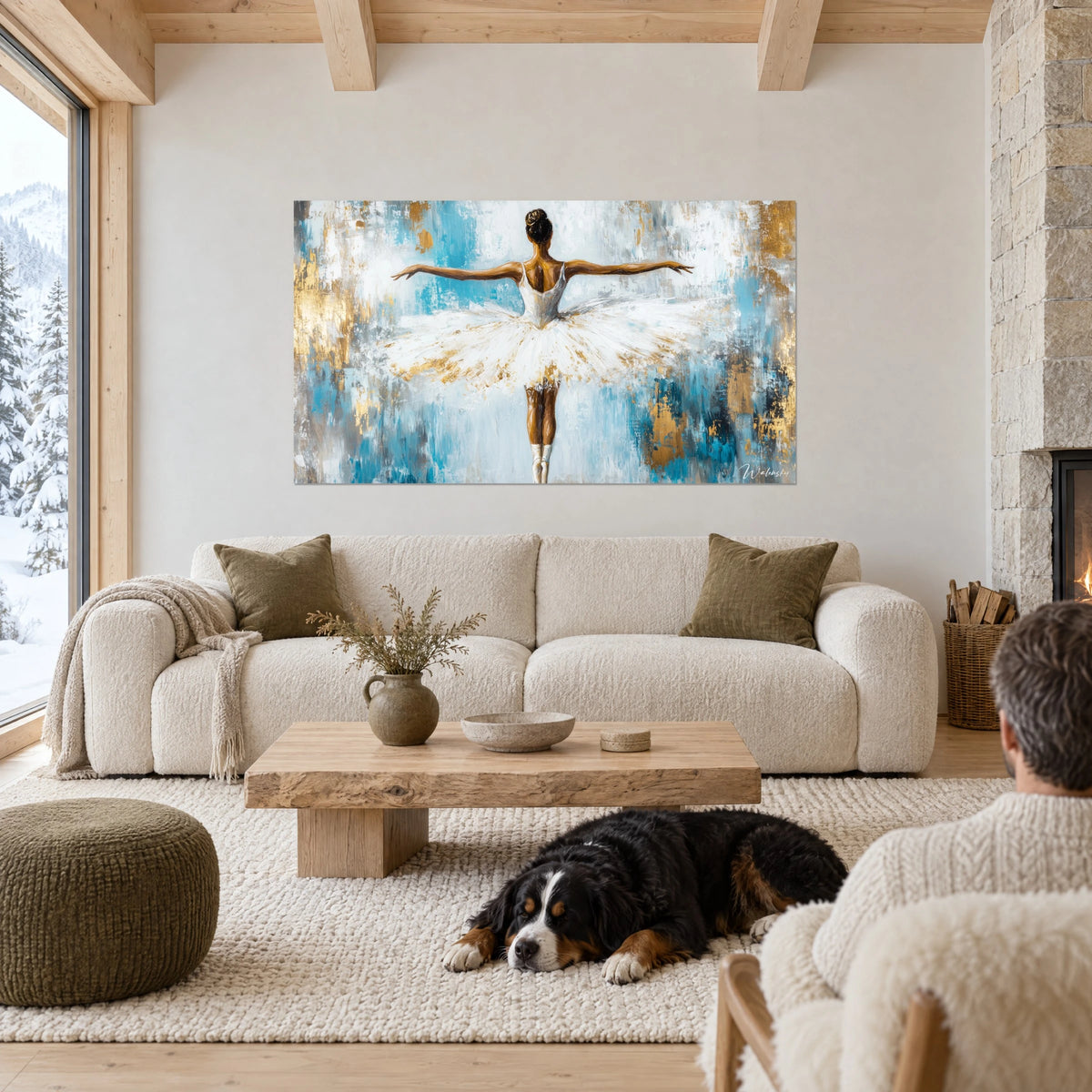 Quadro ballerina di spalle in tutù bianco, braccia aperte su sfondo turchese e oro, cane nero sdraiato, sopra un divano in un soggiorno luminoso
