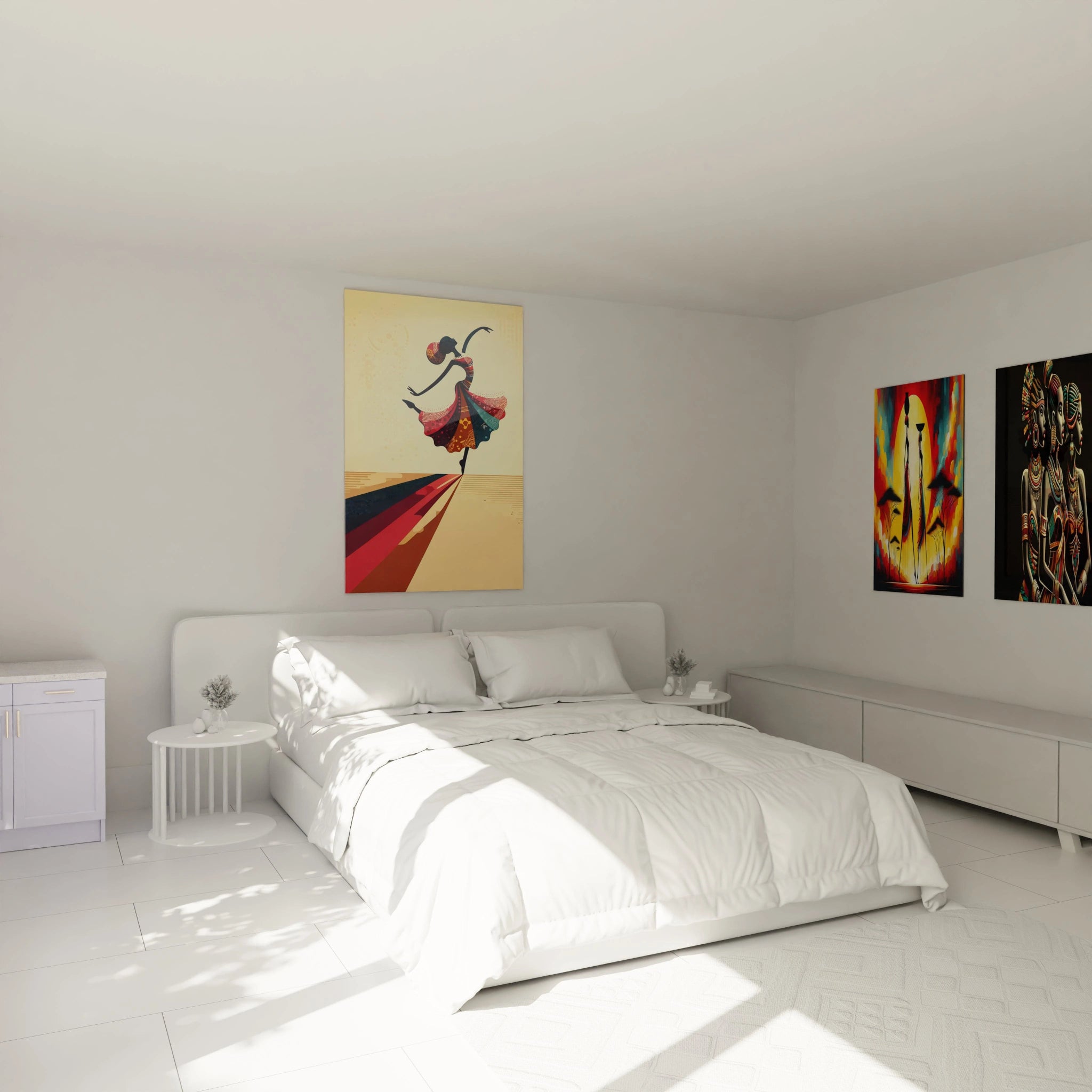 Tableau africain accroché au-dessus du lit, créant une ambiance chaleureuse avec sa silhouette noire et les teintes vives de la robe, apportant dynamisme et élégance à la chambre.
